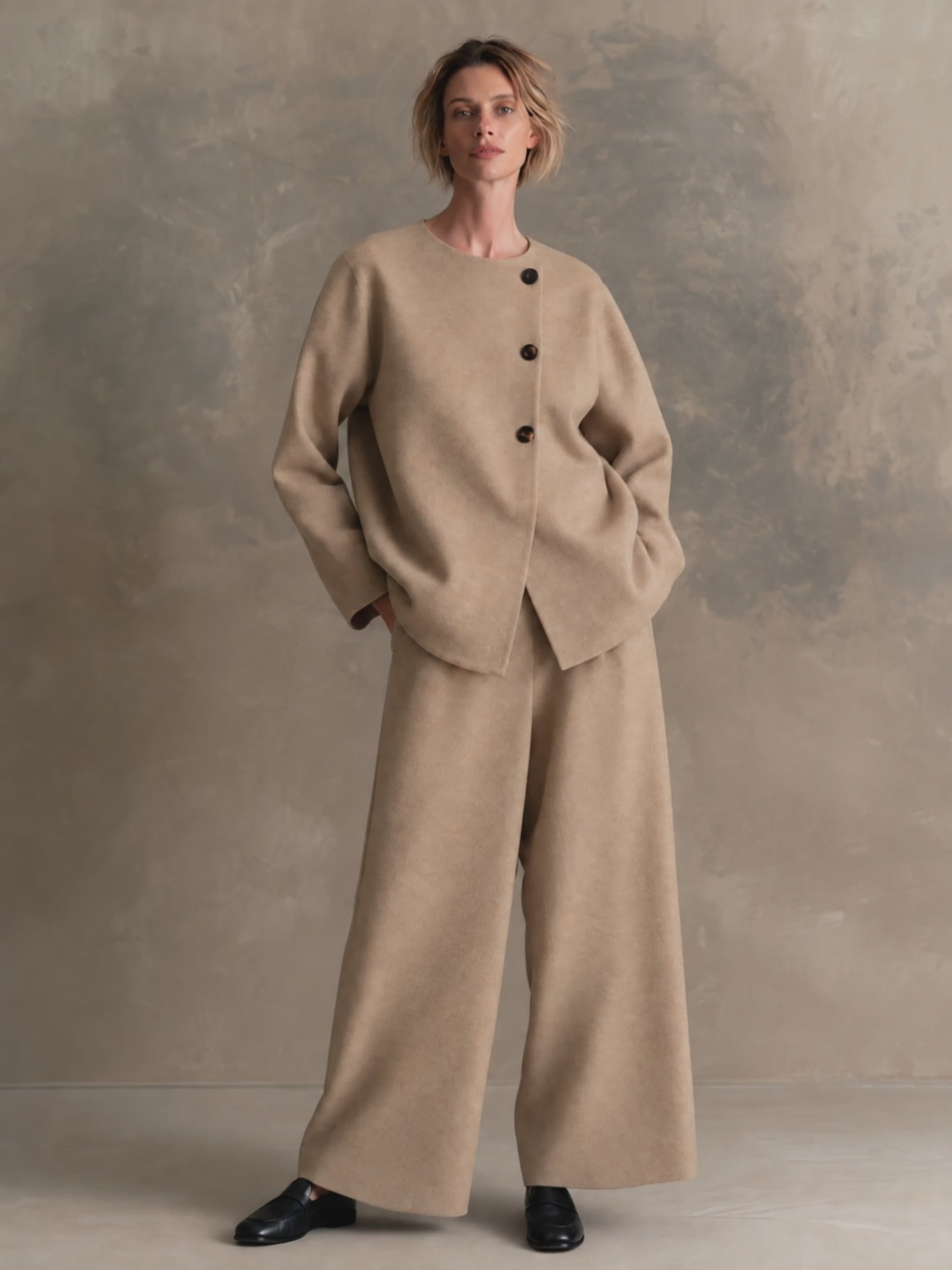 Women's Wool-Blend Crew Neck & Asymmetric Button Detail Two-Piece Set