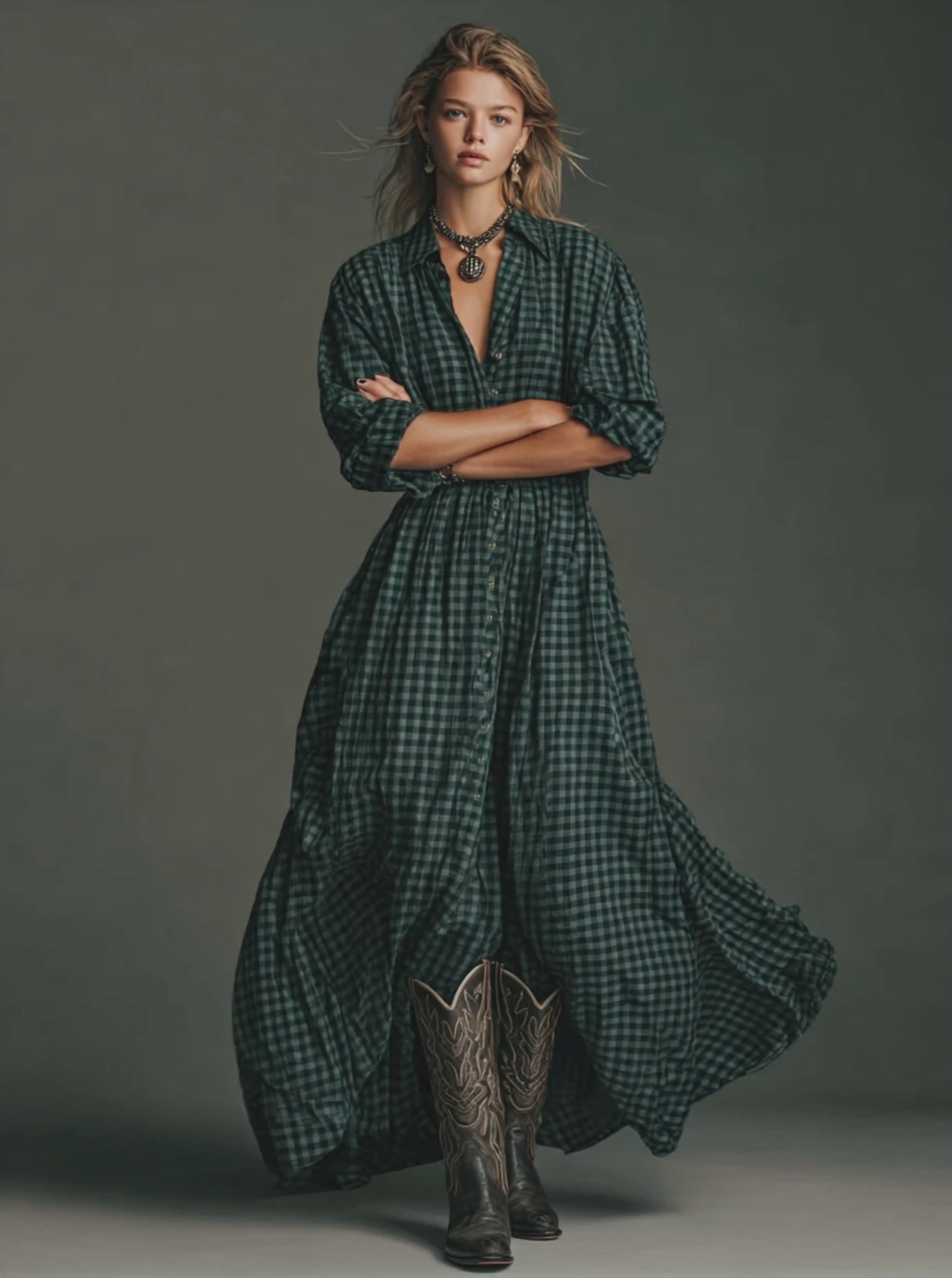 Women's Plaid Long Sleeve Shirt Maxi Dress MDA1241H2Y