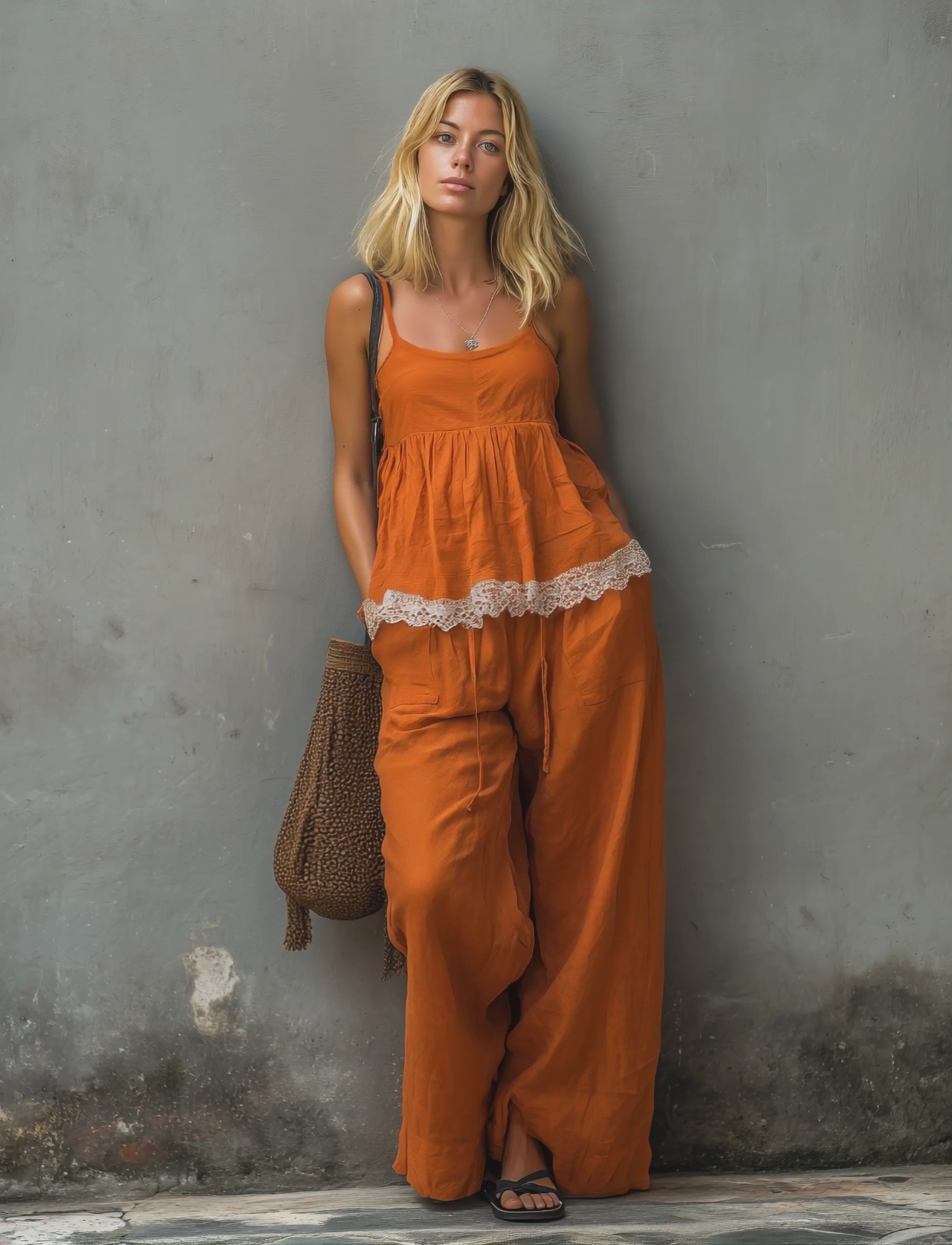 Women's Casual Orange Cotton-Linen Camisole Top With Trousers MDZ1380E1LXY