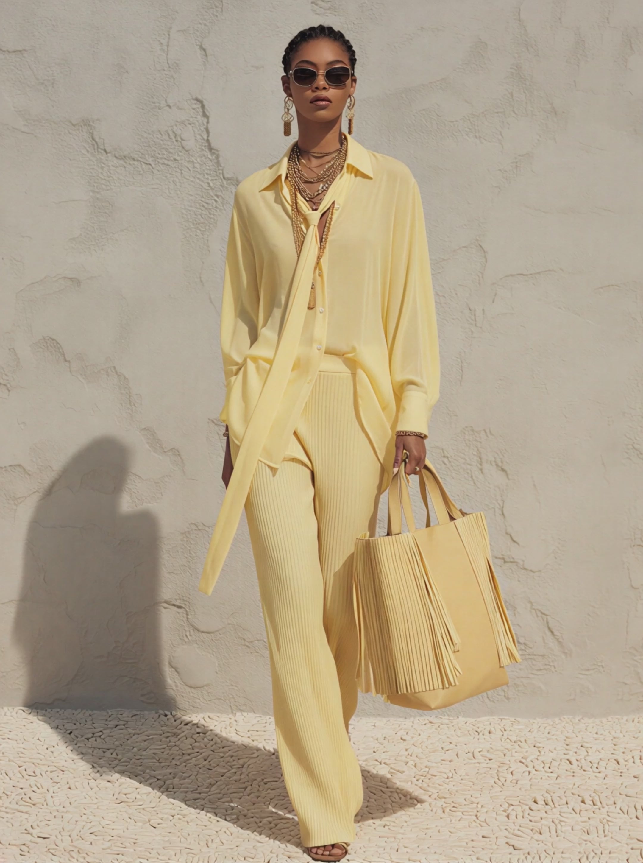 Women's Soft Pale Yellow Matching Outfit With Detachable Neck Tie Shirt & Elastic Waist Ribbed Wide Leg Pants, Contemporary Versatile Holiday Two-Piece Set MDZ2420F5LYL