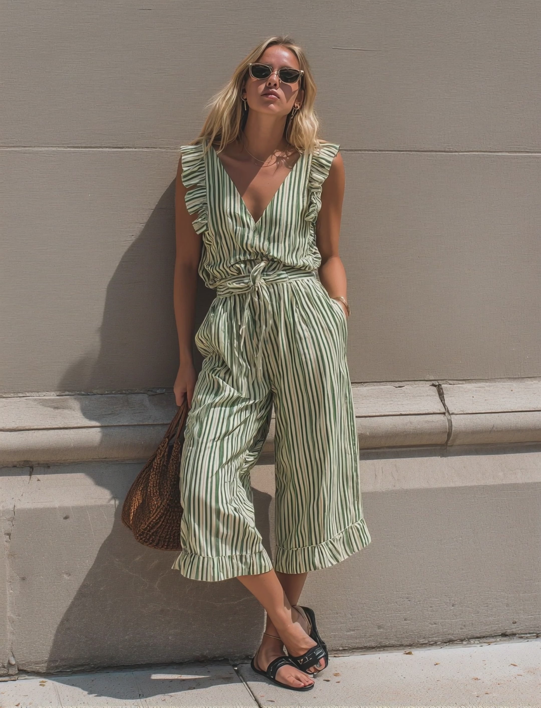 Women's Casual White And Green Striped Woven V-Neck Sleeveless Top Paired With Cropped Pants MDZ1228E6LXY