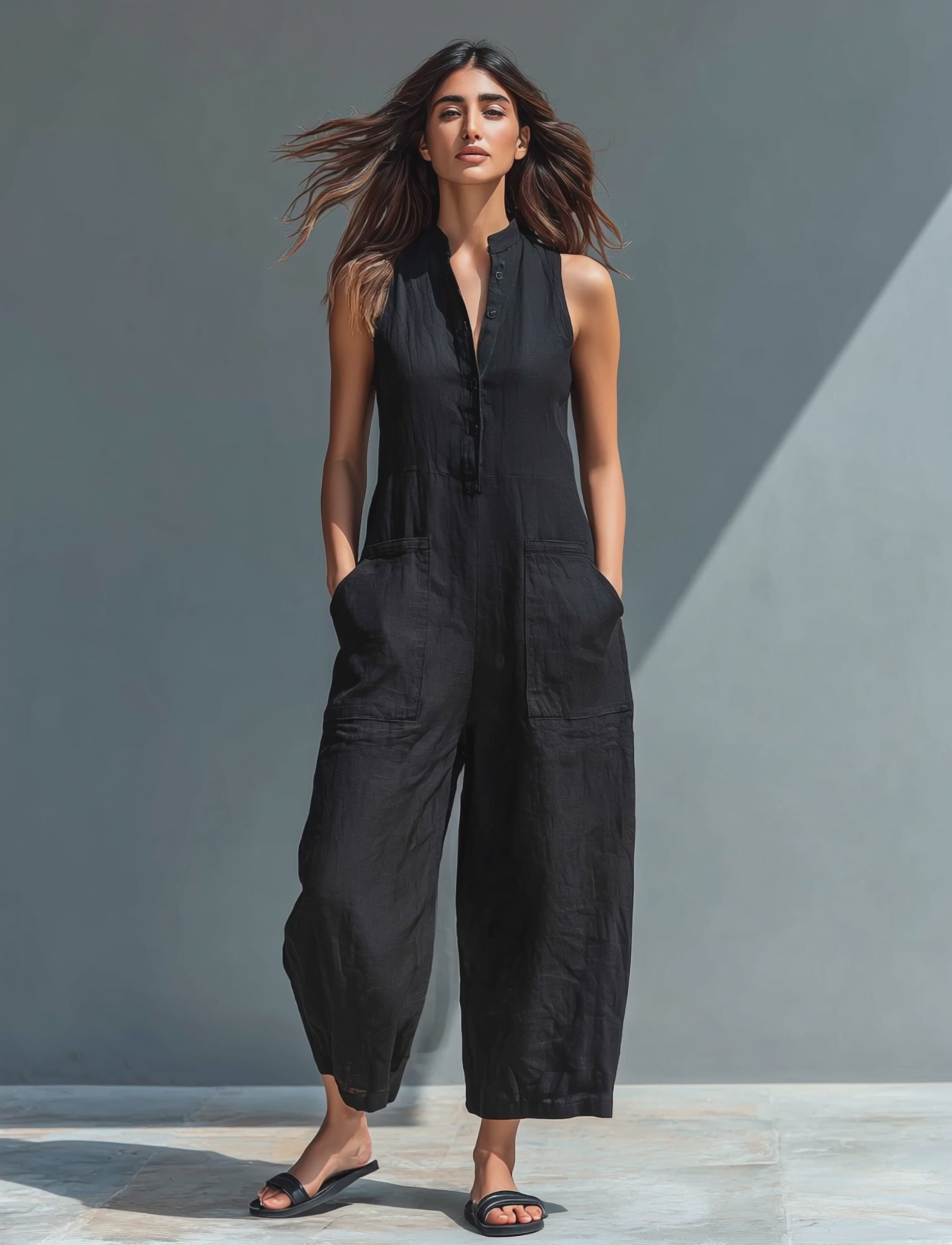 Women's Minimalist Linen Blend Button-up Stand-collar Sleeveless Loose Jumpsuit MDZ2725A5Y