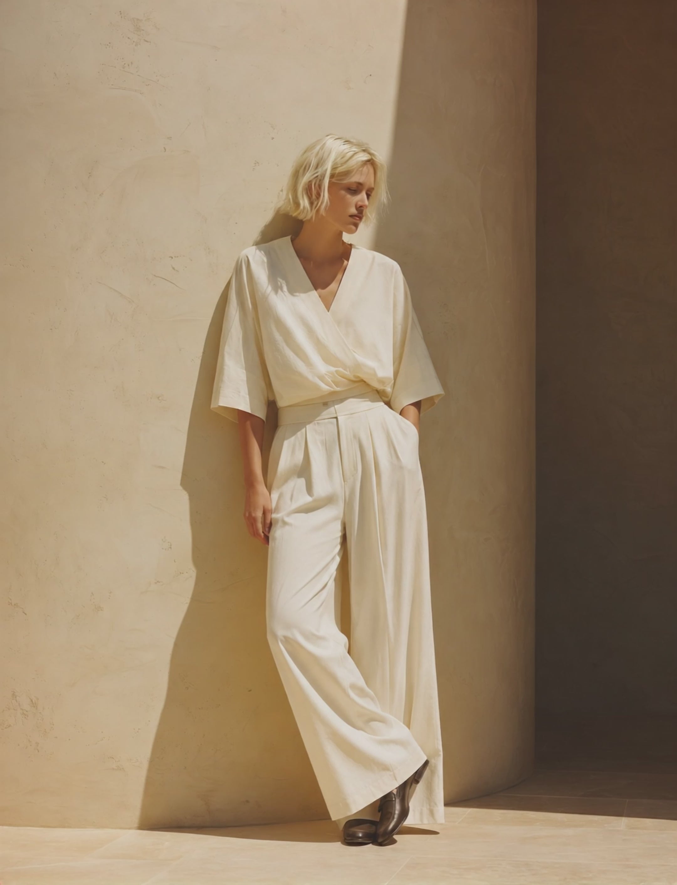 Women's Minimalist Urban "Quiet Luxury" Ecru Cotton-Linen Set: Crossover Wrap V-Neck Top With Half-Sleeves And Pleated Tailored Trousers MDZ1509E1ZJW