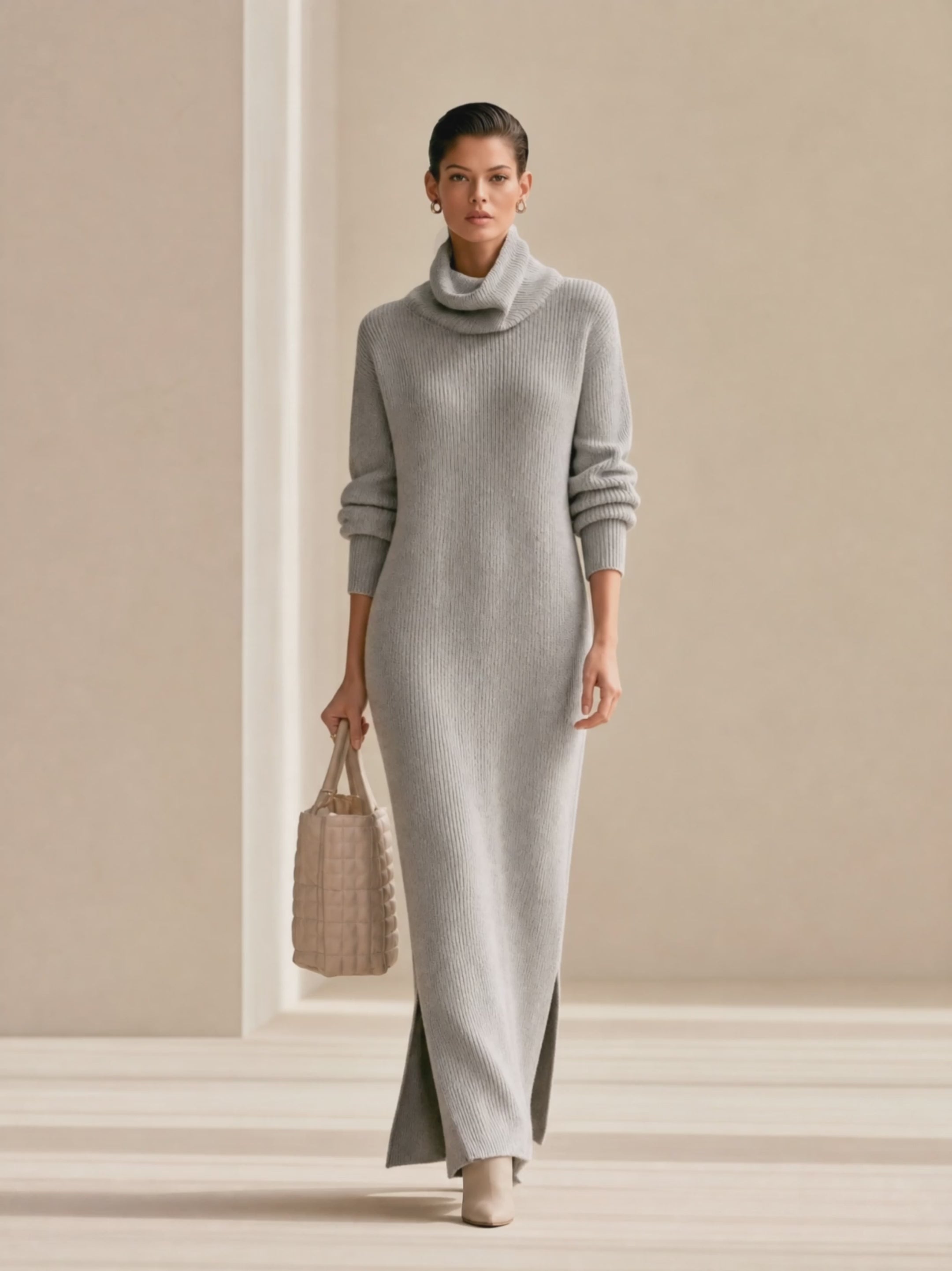 Women's Turtleneck Ribbed Knit Sweater Maxi Dress with Side Slit