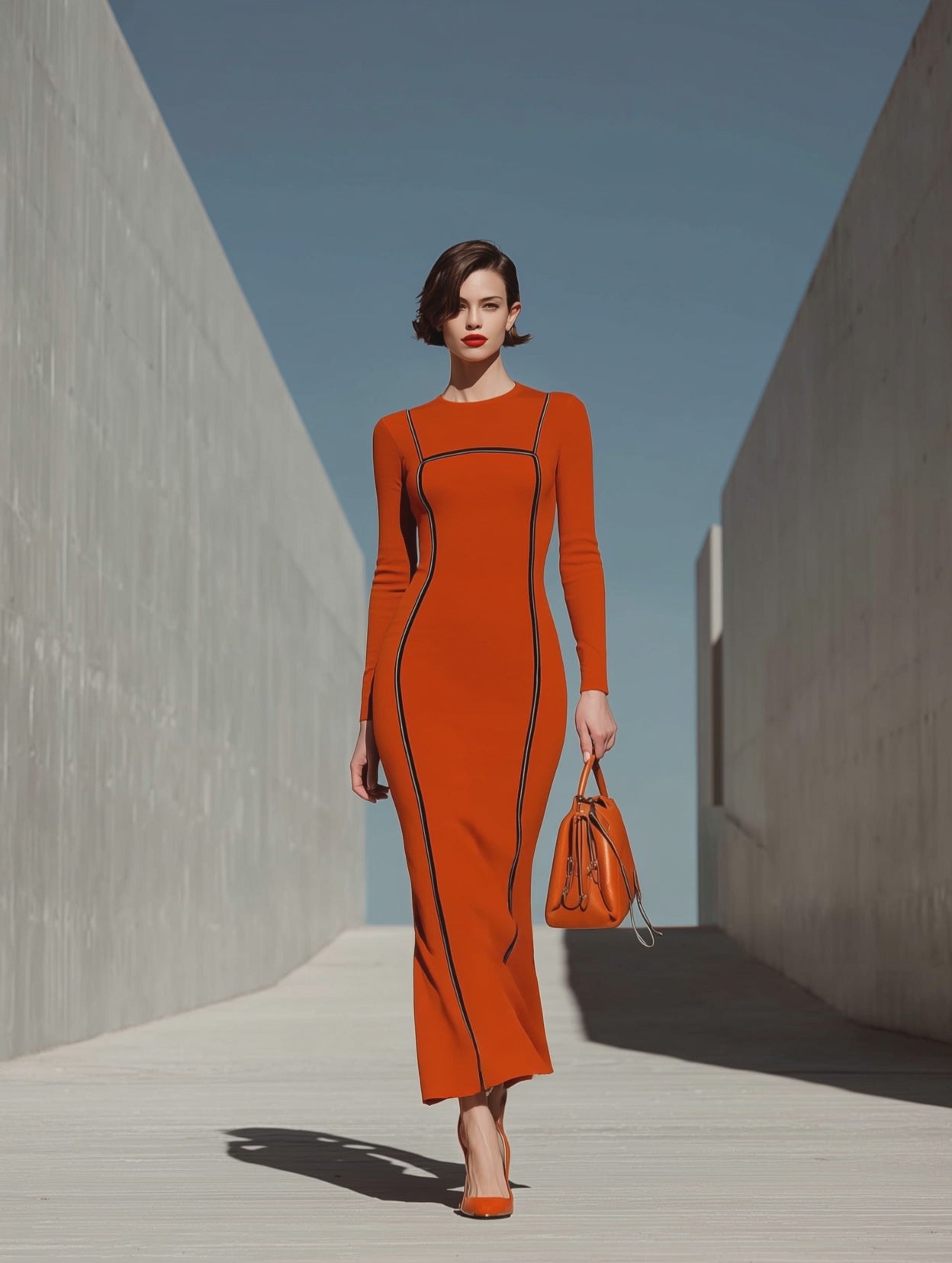 Women's Long Sleeve Contrast Piping Orange Maxi Dress MDZ2524H2YZJ