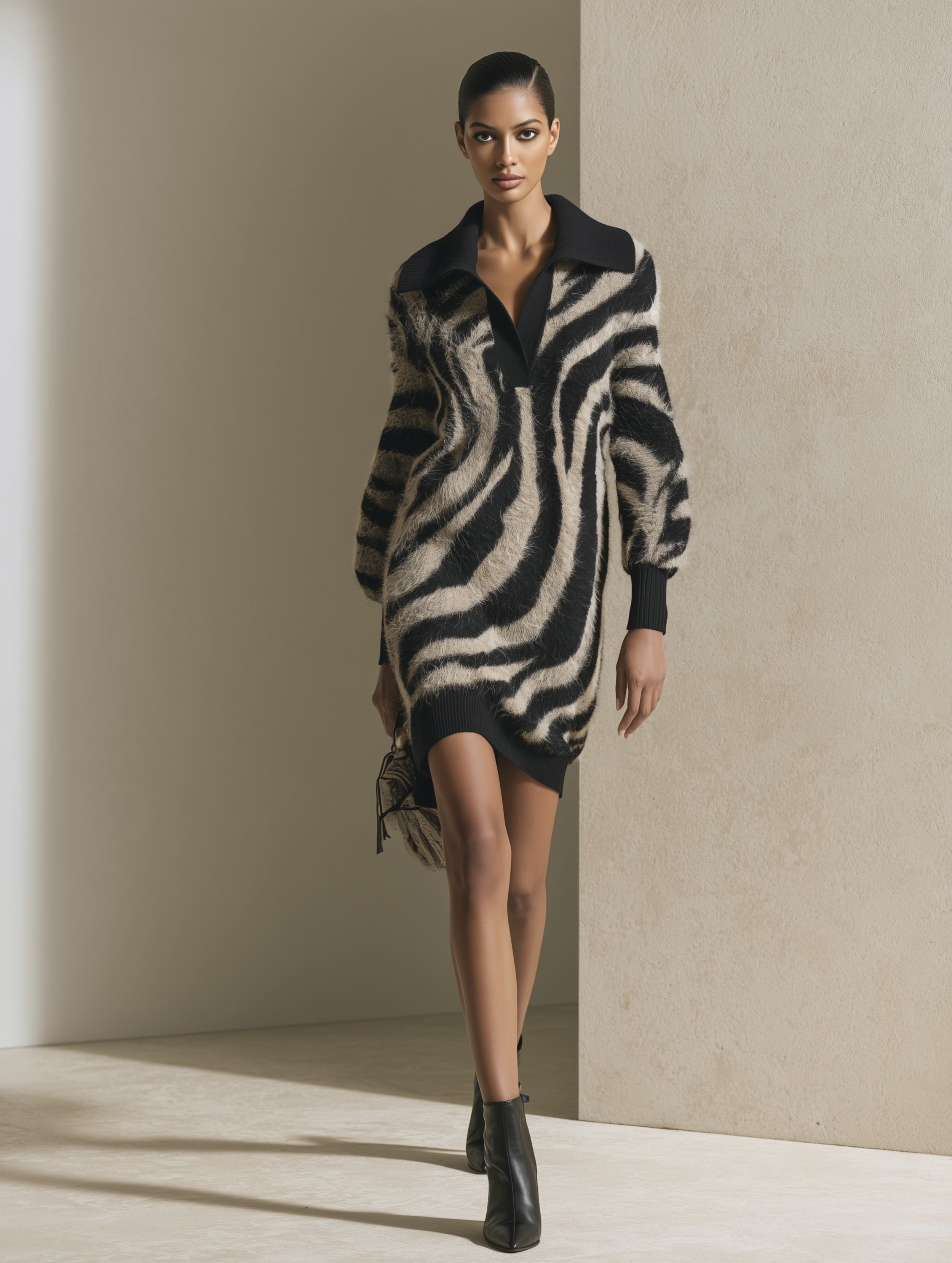 Women's Zebra Pattern Fuzzy Sweater Mini Dress with Wide Collar