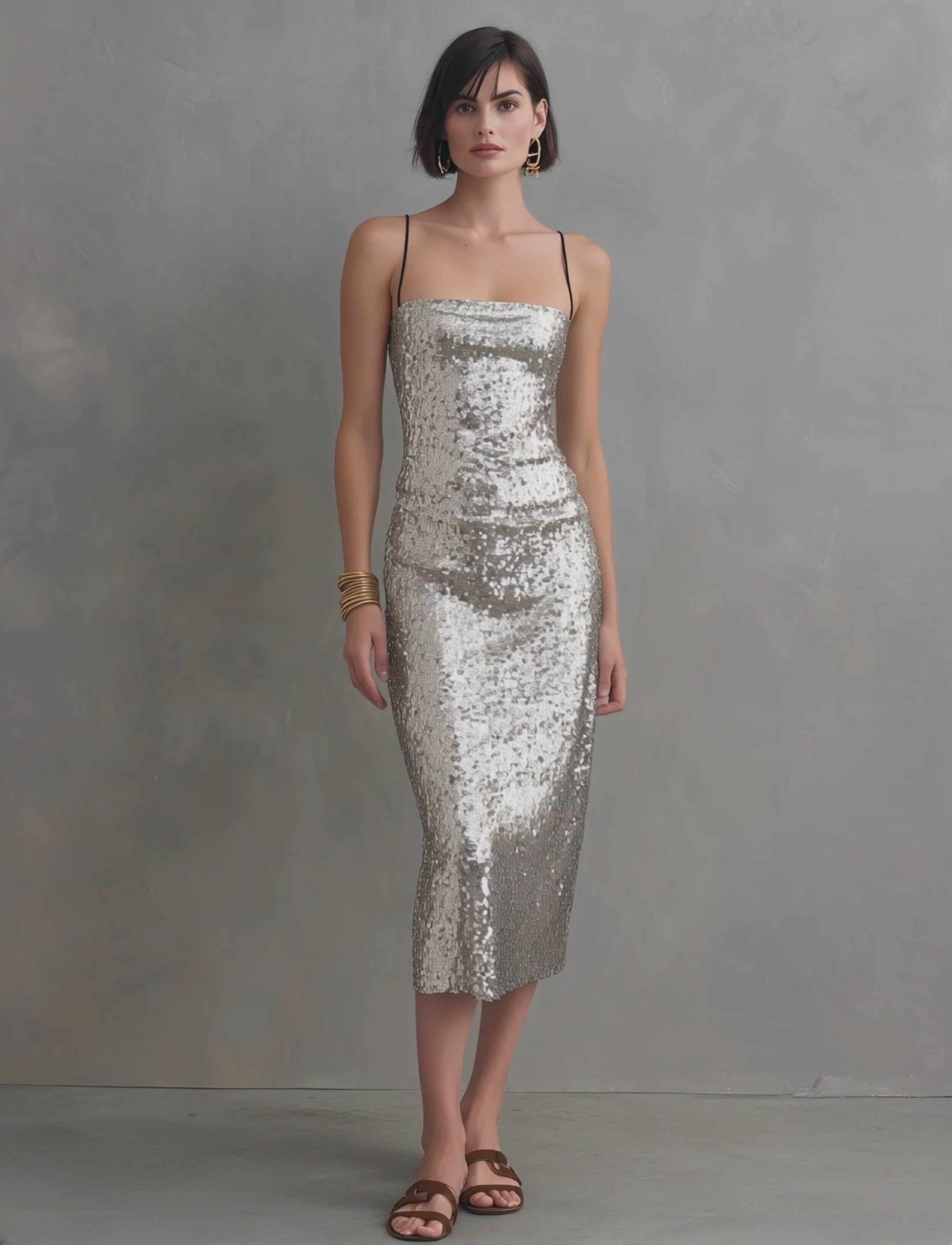 Women's Minimalist Sequin Spaghetti-Strap Midi Dress MDZ1203E4Y