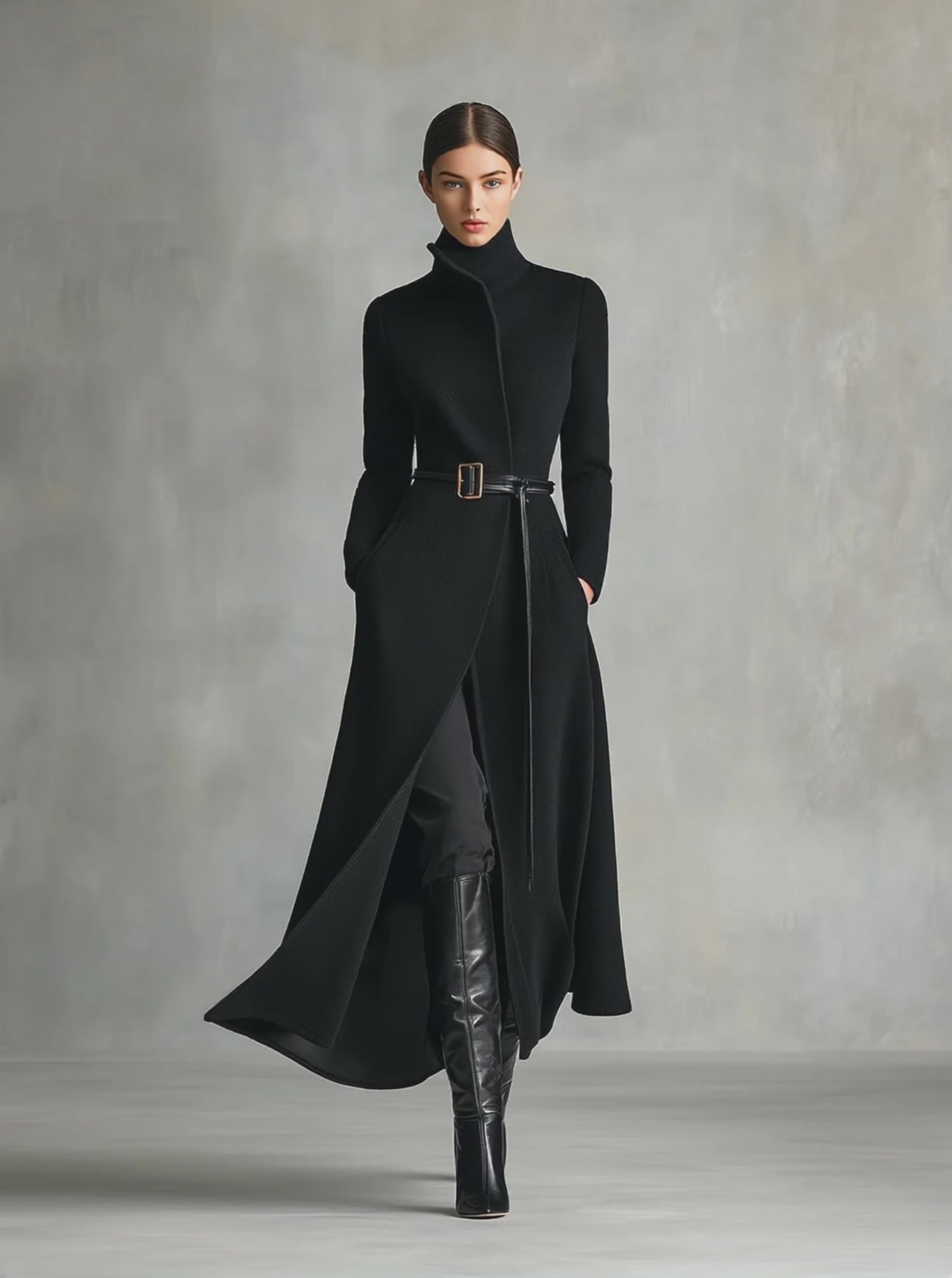 Women's Black Elegant Wool - Blend Turtleneck Belted Maxi Coat MDA2807H5I