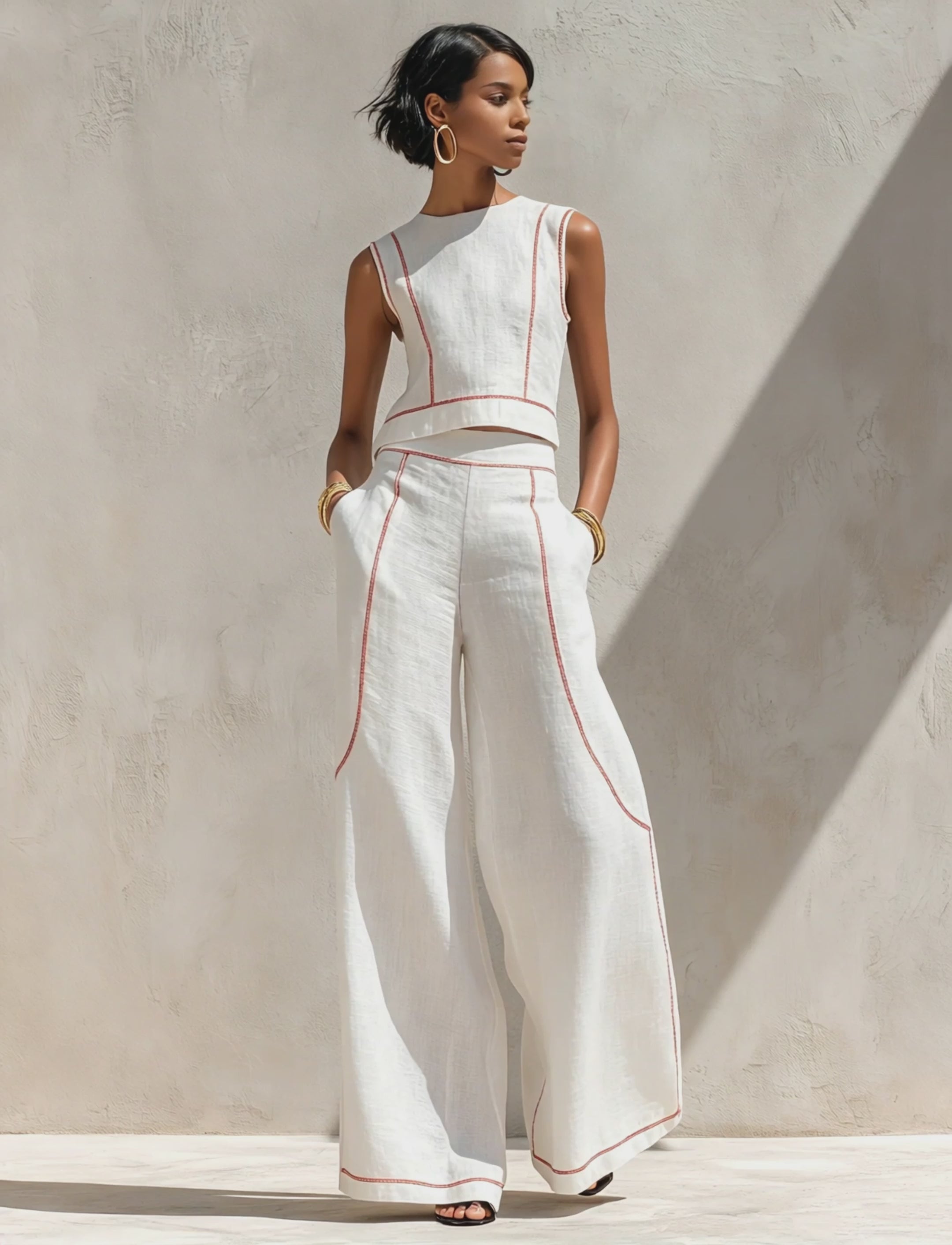 Women's Minimalist Linen-Blend Contrast-Stitched Blouse & Wide-Leg Pants Set MDZ1599E9Y
