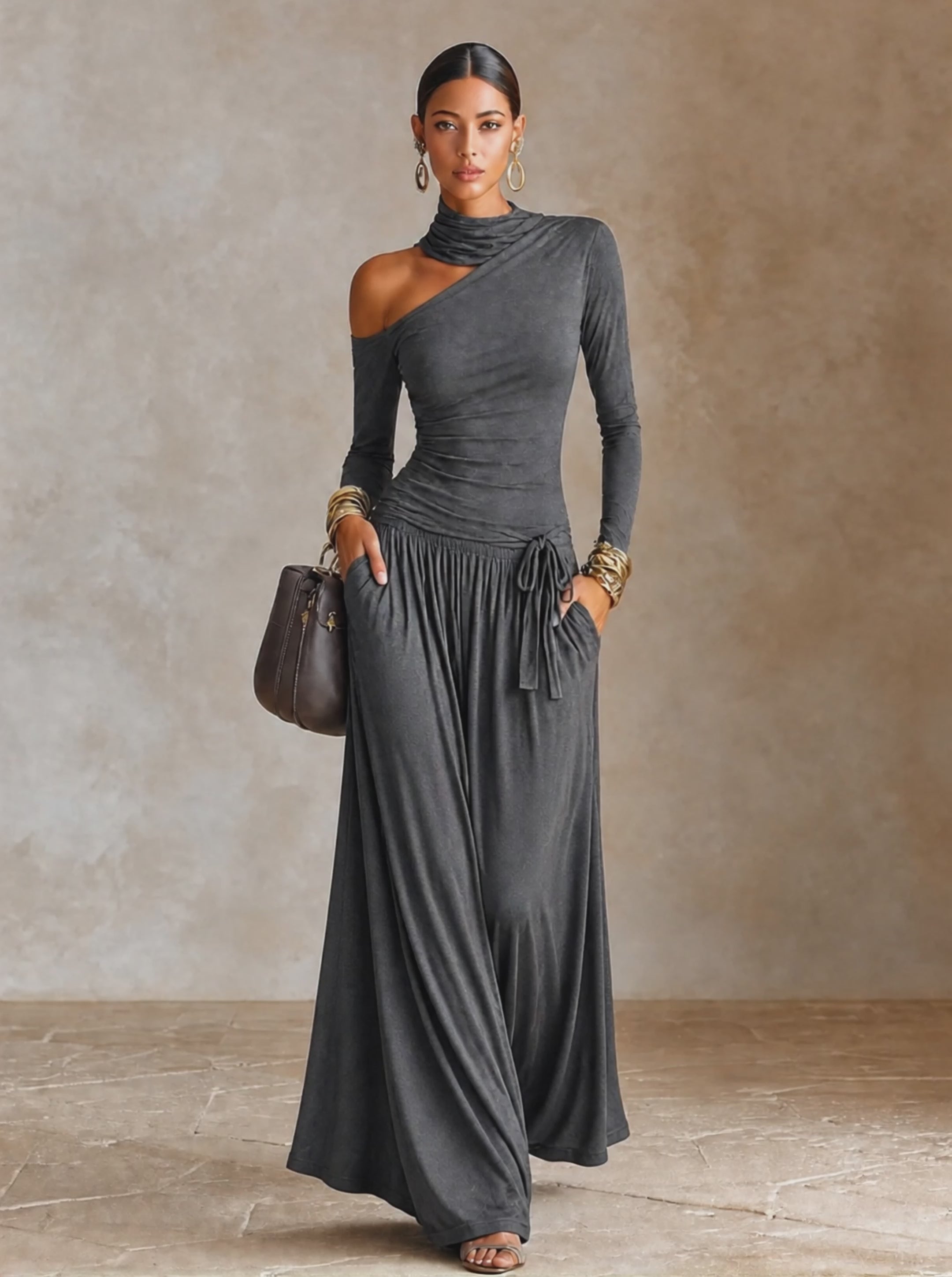 Women's Asymmetric Off‑Shoulder Long Sleeve Vacation Maxi Dress MDZ1183H4LYL