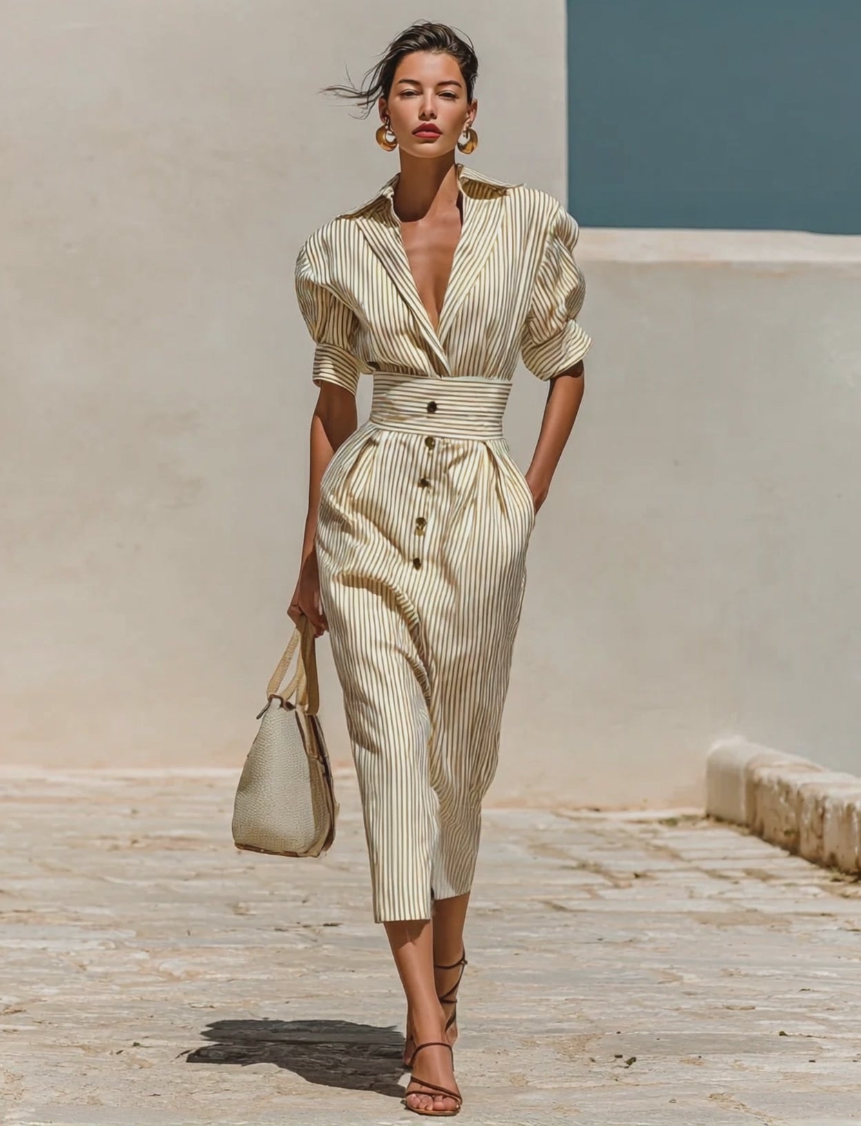 Women's Striped Lapel Short Sleeve Waist Midi Dress MDA0753G6Y