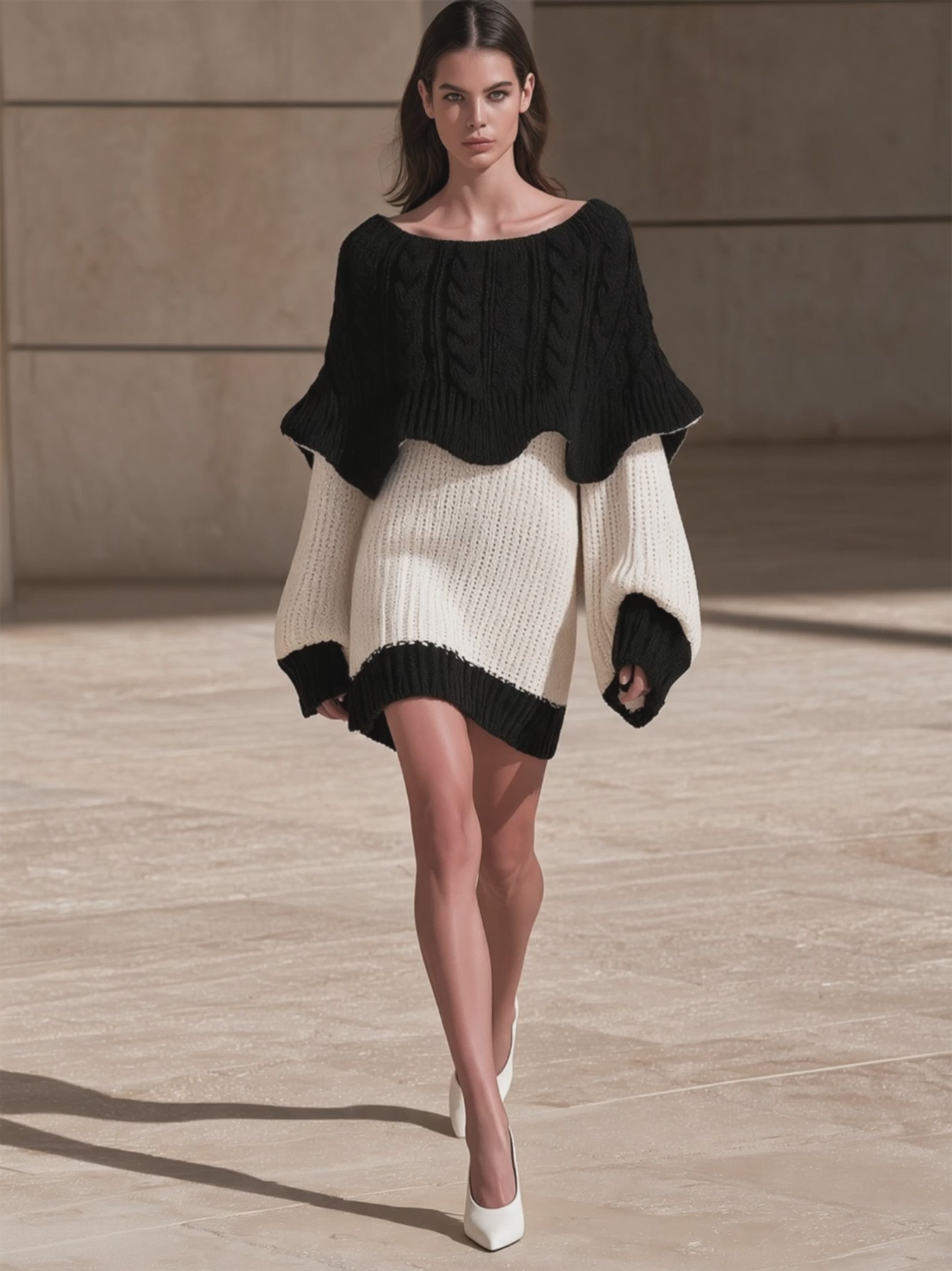 Black & Cream Cable-Knit Cape-Style Sweater Mini Dress