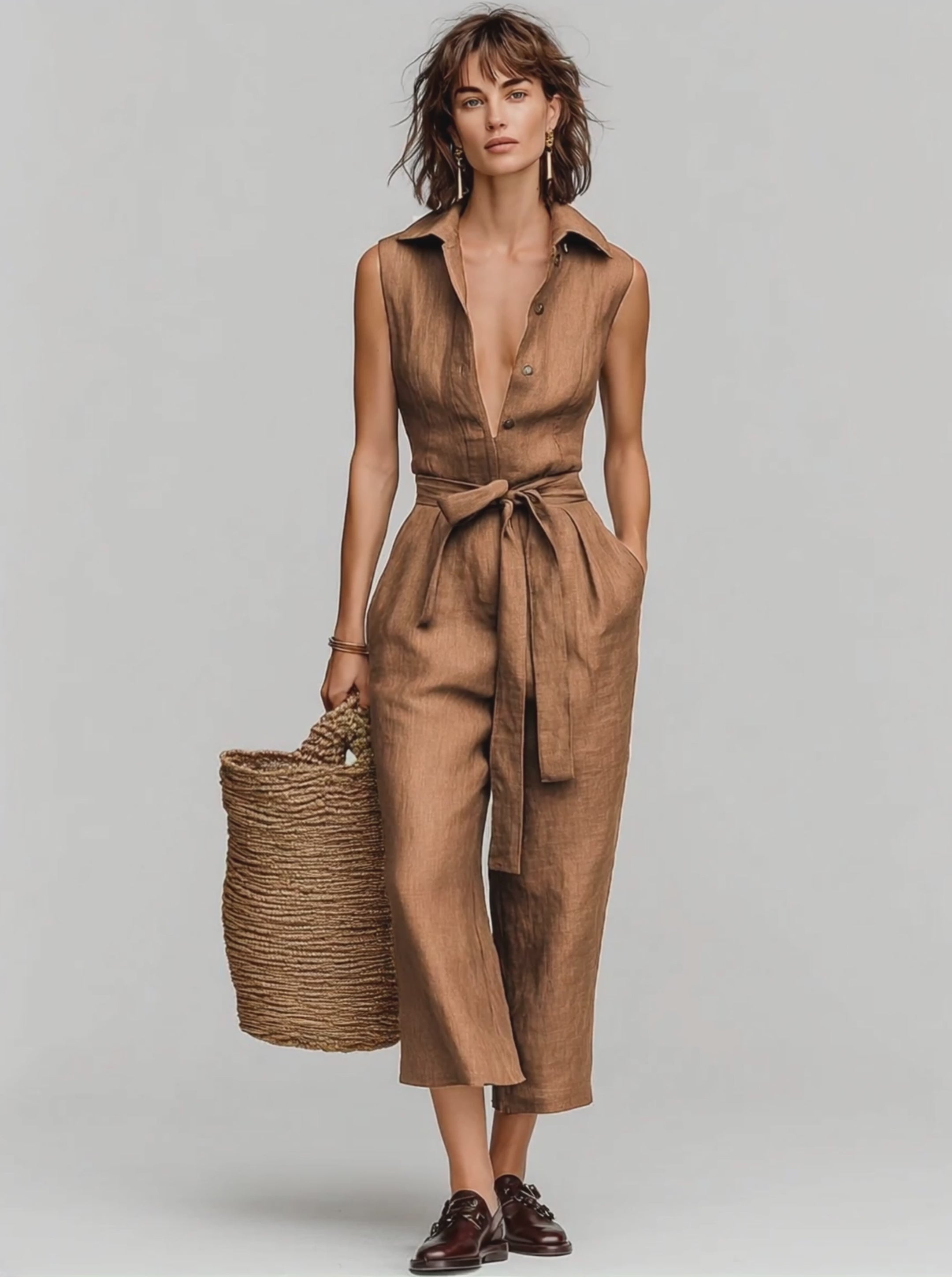 Women's Tobacco Brown Linen Jumpsuit With Self-Tie Waist & Collared V-Neck, Timeless Resort-Casual Style Jumpsuit MDZ0638B5I