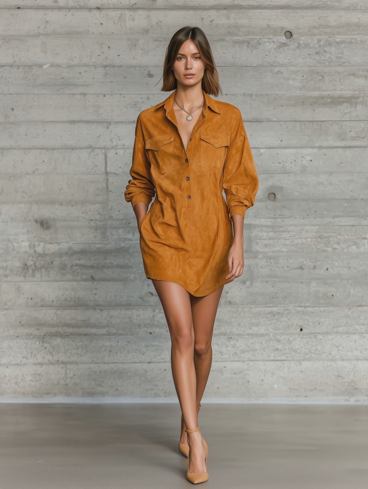 Women's Long Sleeve Camel Oversized Shirt Dress MDZ1999H8YZJ