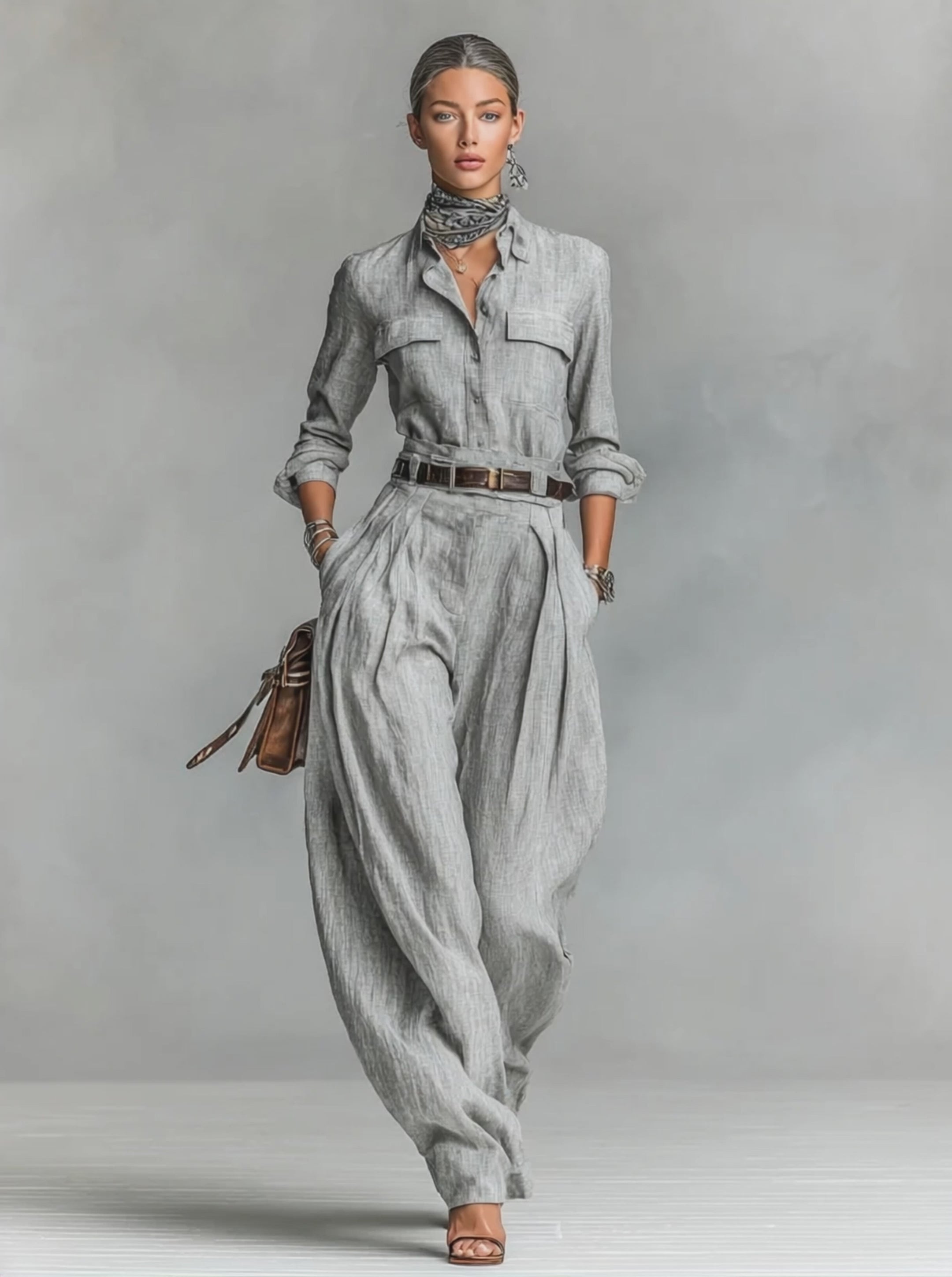 Women's Cotton-linen Blend Long-sleeved Shirt And Trousers Two-piece Set (belt Not Included)MDA3105G6Y