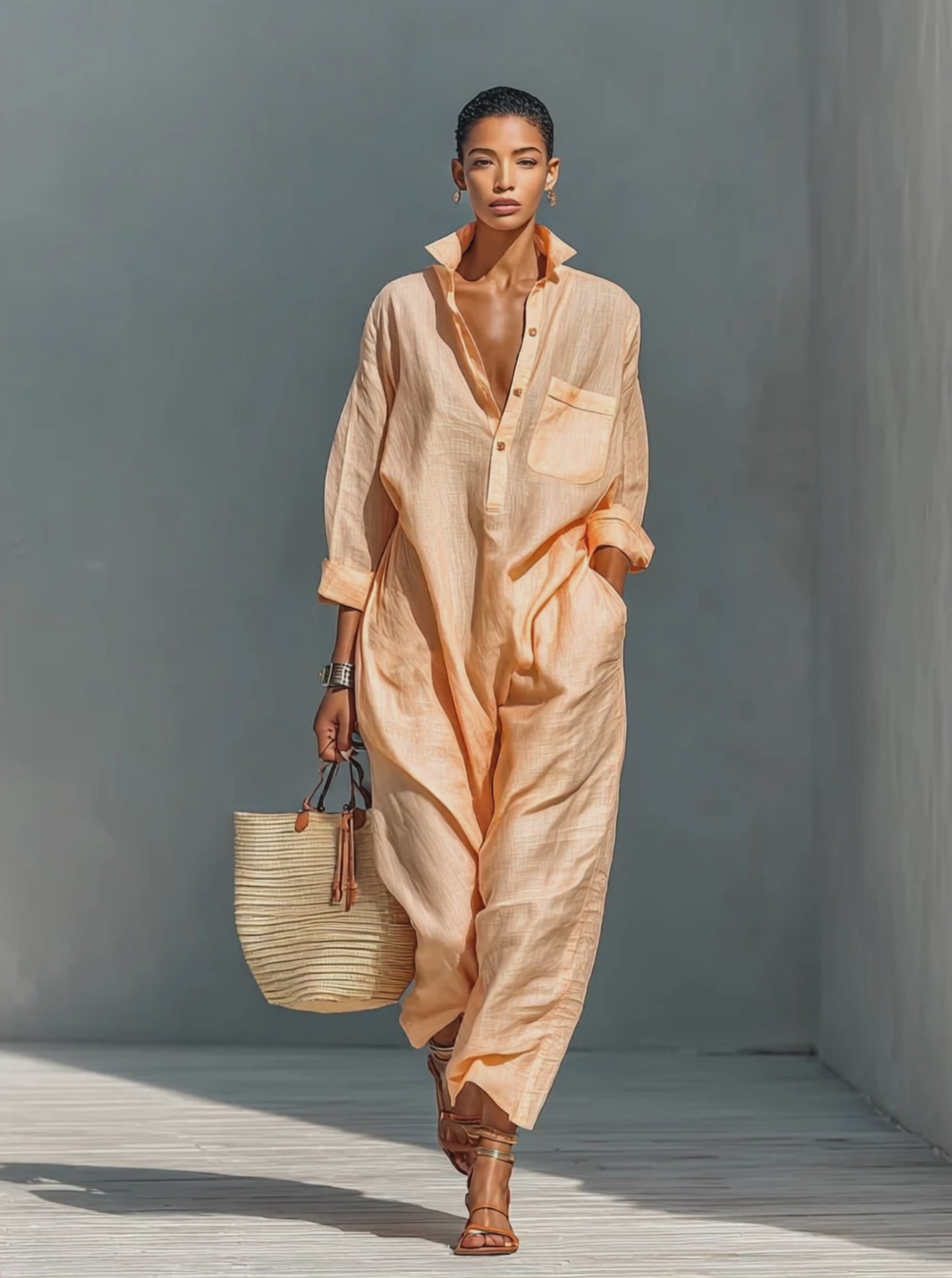 Women's Cotton And Linen Blend Button Lapel Loose Jumpsuit MDA3175G8Y