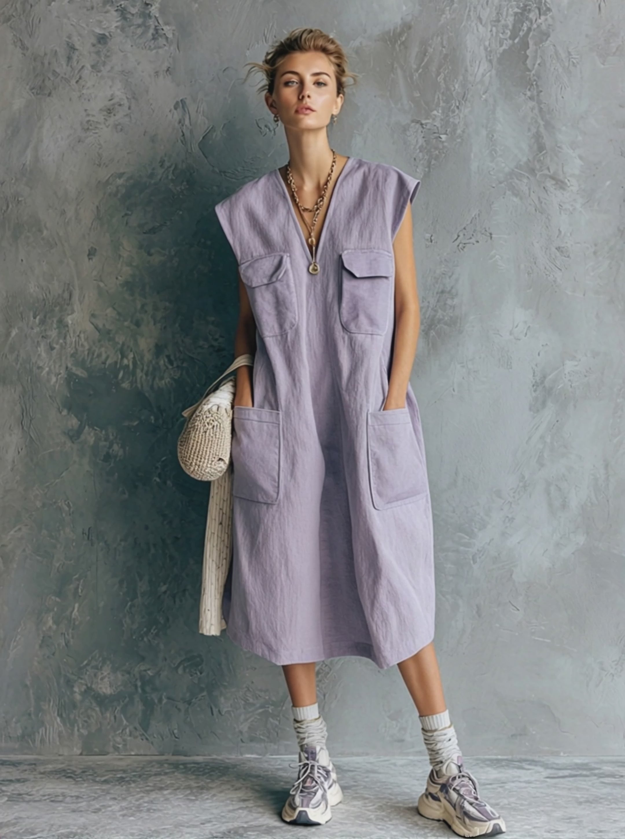 Women's Casual Light Purple Cotton Blend V-Neck Multi-Pocket Loose Sleeveless Midi Dress MDZ2903E9GMJ