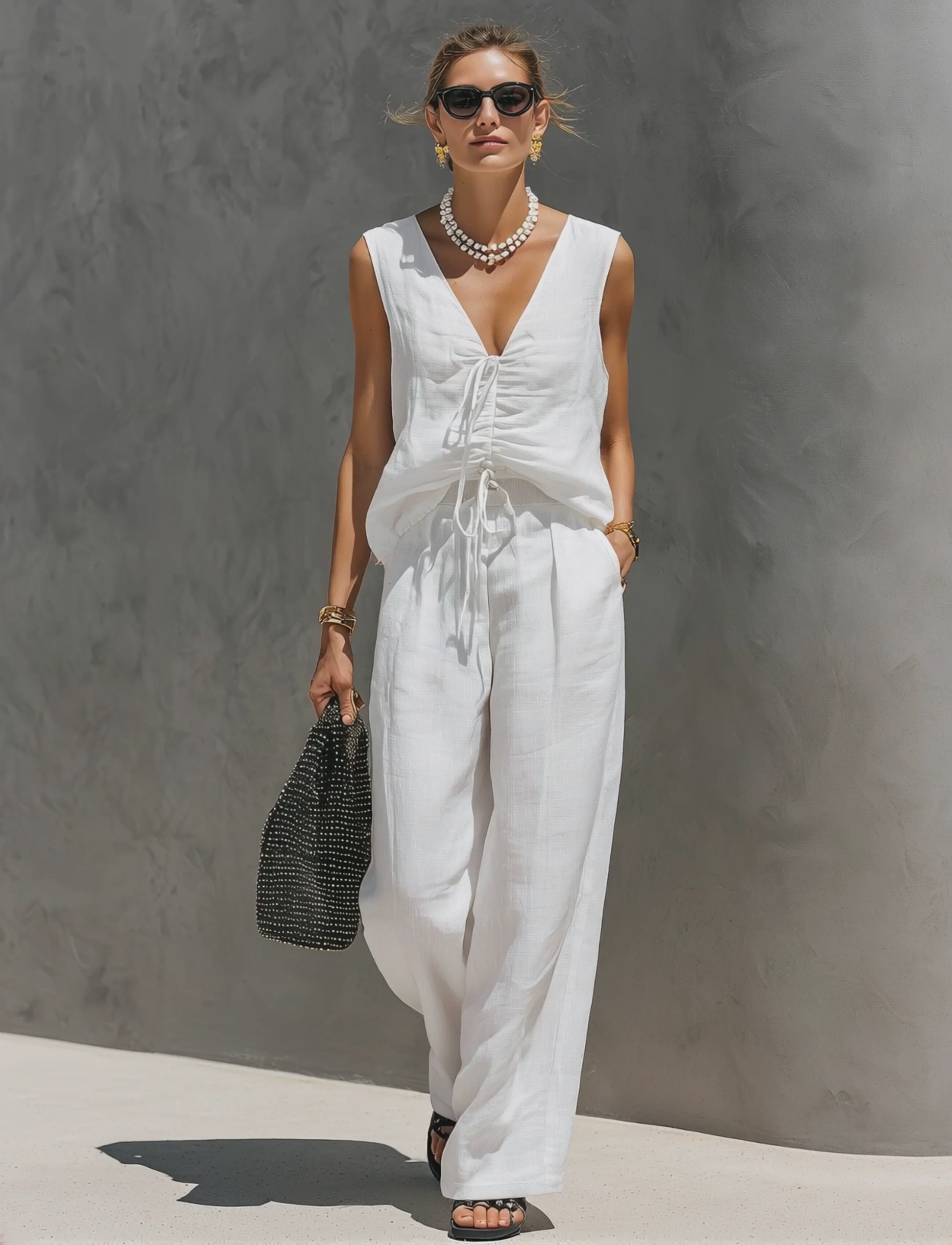 Women's Casual White Cotton-Linen V-Neck Sleeveless Top And Trousers Set (Lined) MDZ2866C9AN