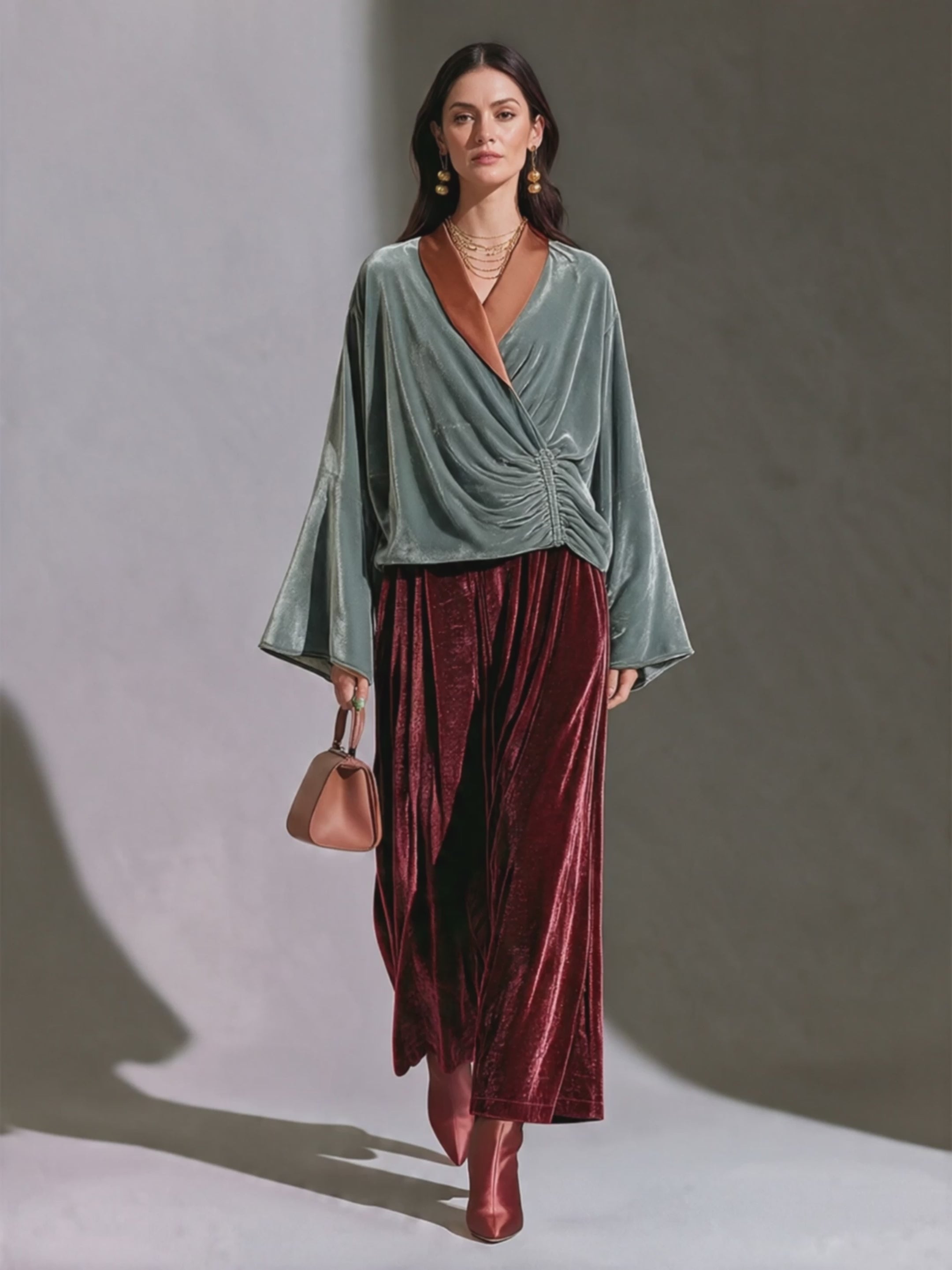 Women's High-Waisted Draped Velvet Wide-Leg Trousers