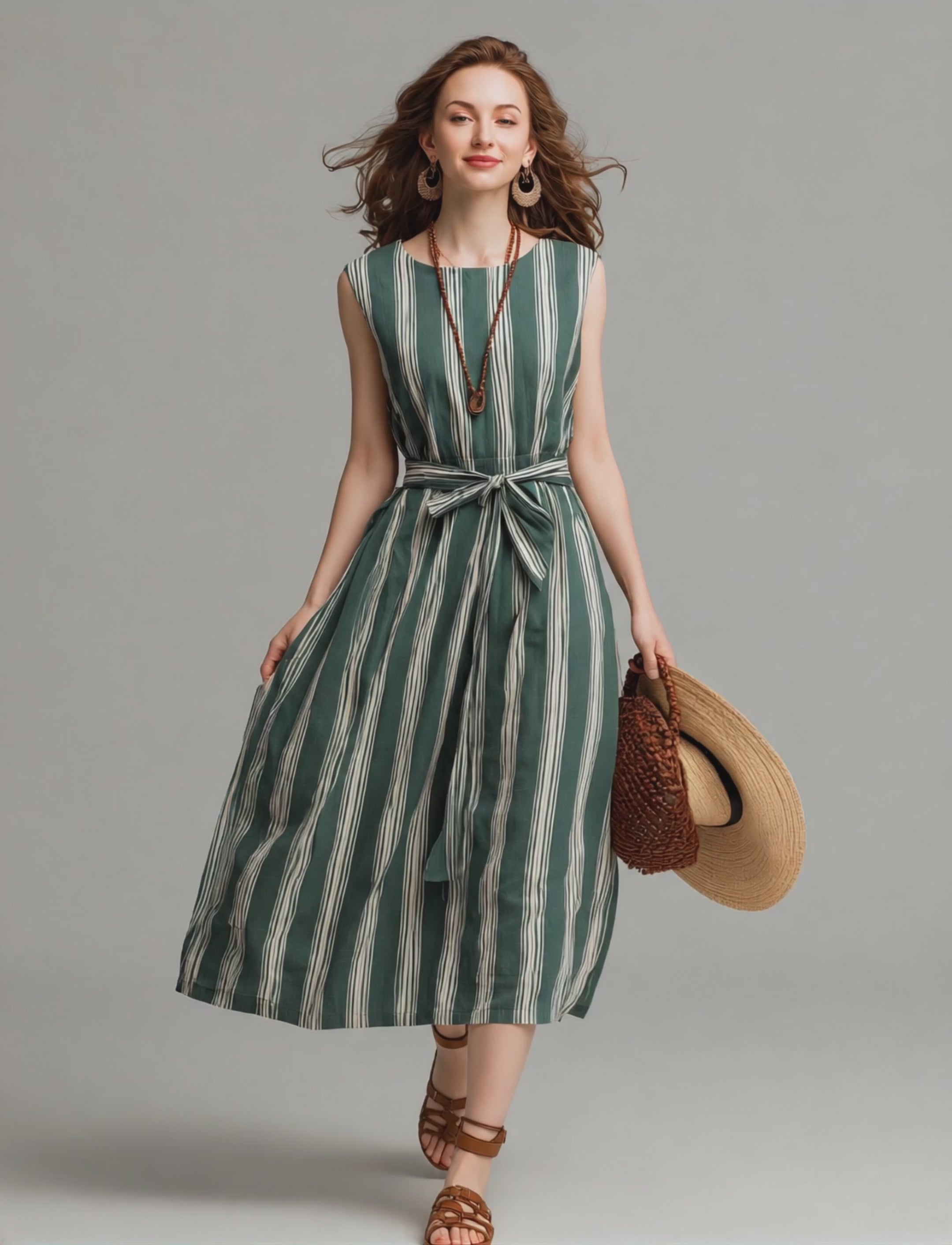 Women's Vacation-Style Midi Dress: Blue & White Striped, Sleeveless, Crew Neck, Cotton-Linen Blend With Waist-Cinching Belt MDZ1568E5ZJW