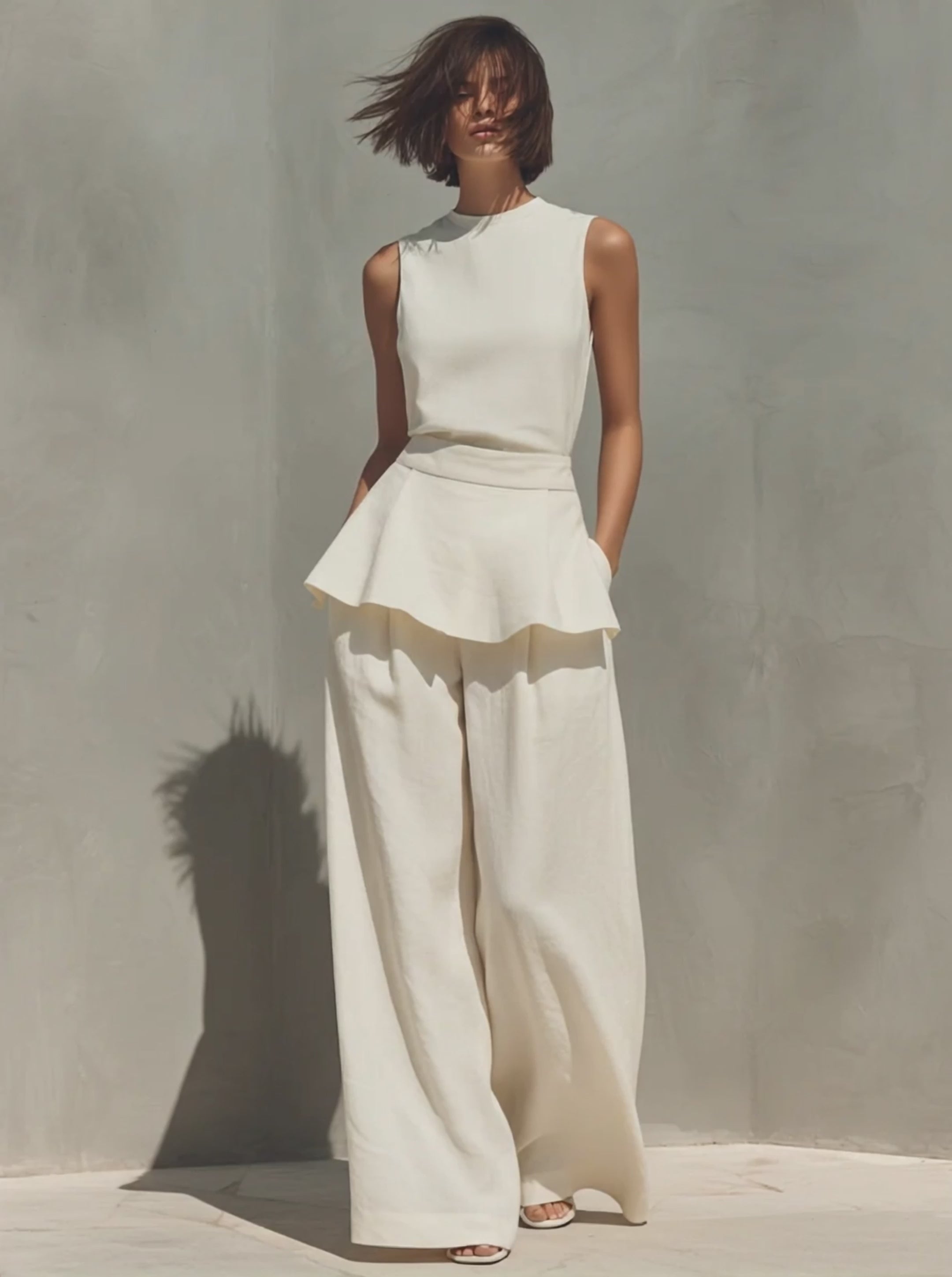 Women's Cream Linen-Blend Two-Piece Set With Peplum Top & Wide Leg Pants, Timeless Minimalist Casual Outfit MDZ1858E5LYL