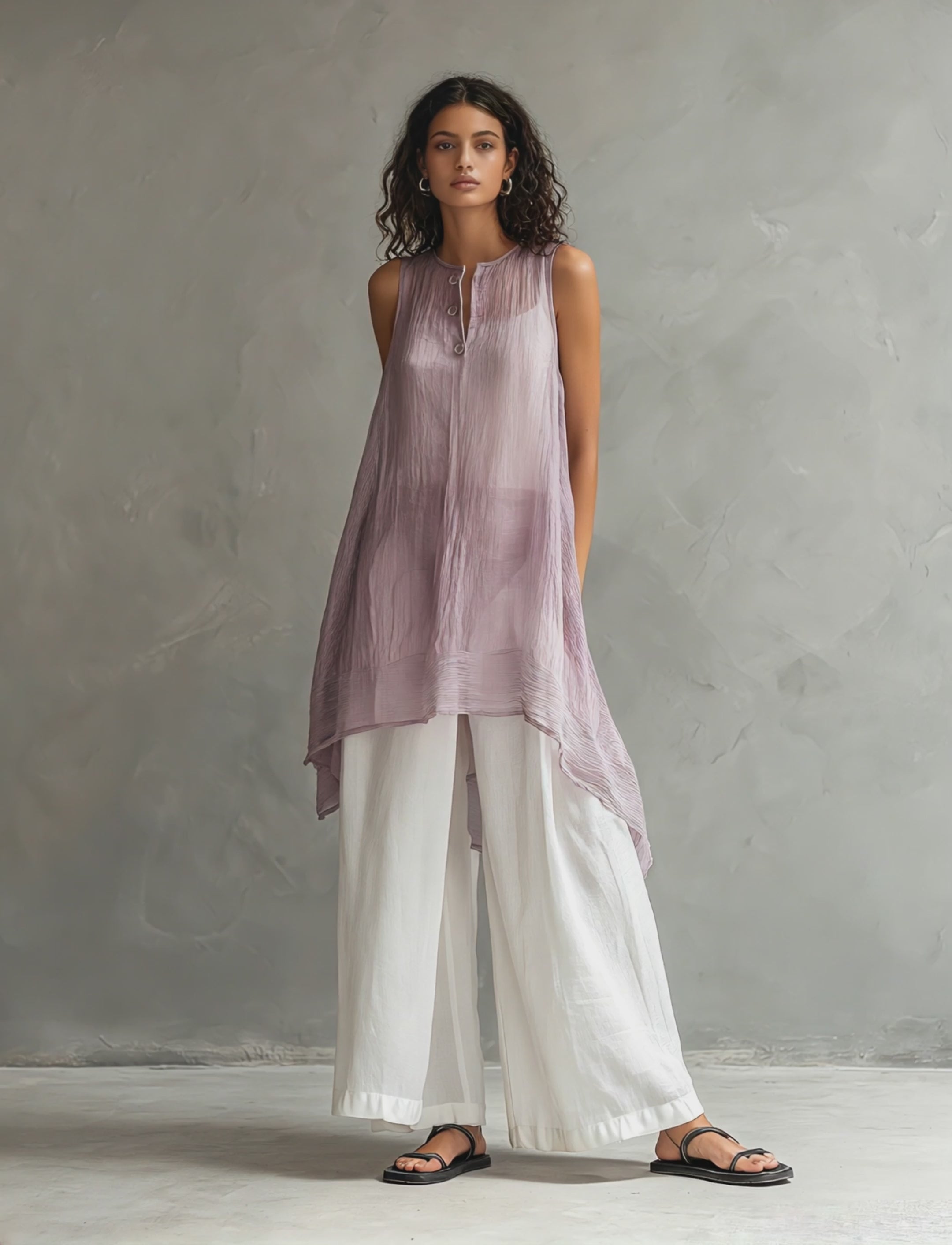 Women's Casual Sleeveless Light Purple Chiffon Blouse Paired With Cotton-linen Trousers (includes A Camisole) MDZ0948F1LXY