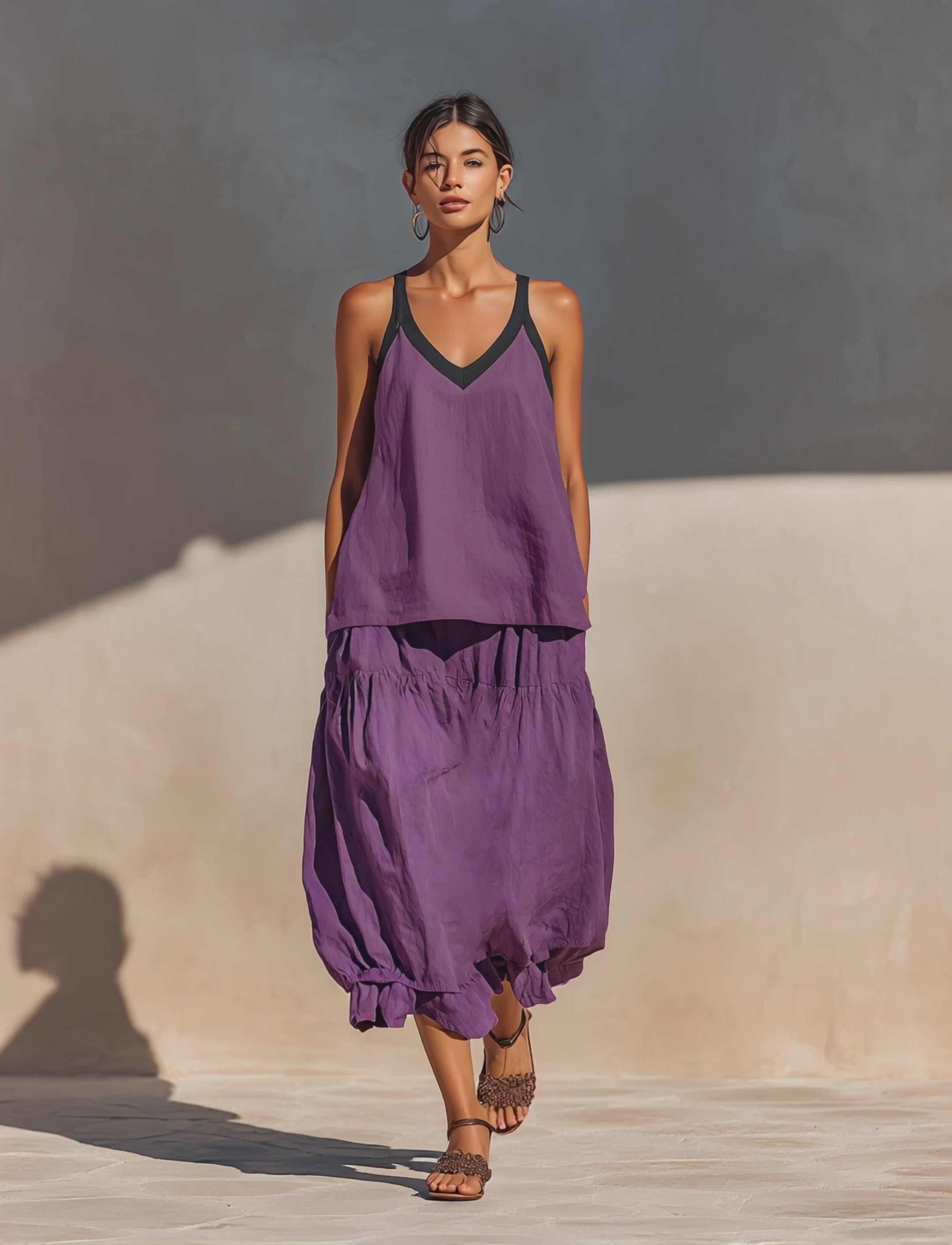 Women’s Purple Cotton-Linen Blend Sleeveless Tank Top & Tiered Bubble Hem Maxi Skirt Two-Piece Set MDZ0111F0T