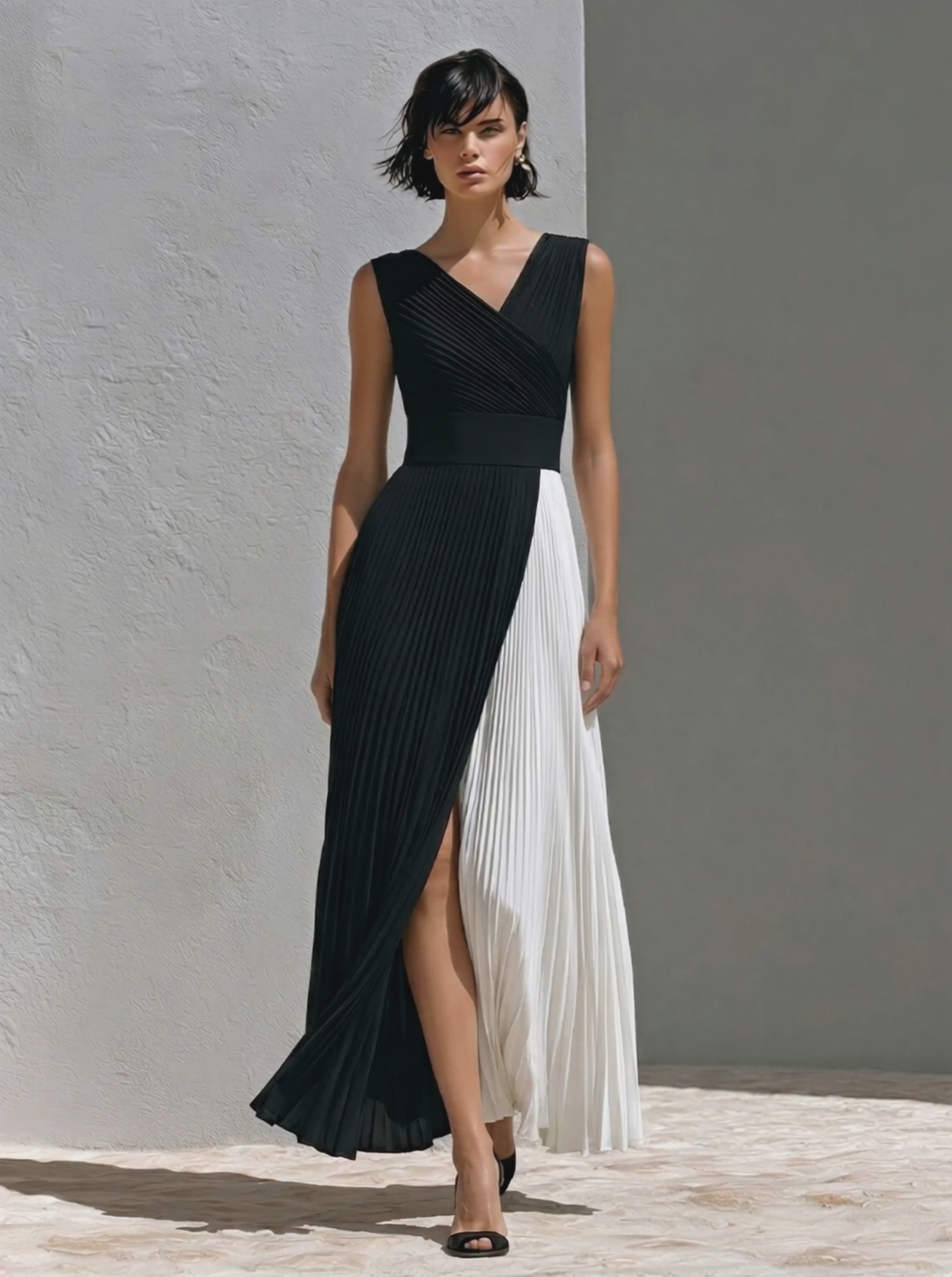Women's Black & White Pleated Chiffon Maxi Dress With Elastic Waist & Color-Block Design, Timeless Elegant Evening Dress MDZ0129F6LYL