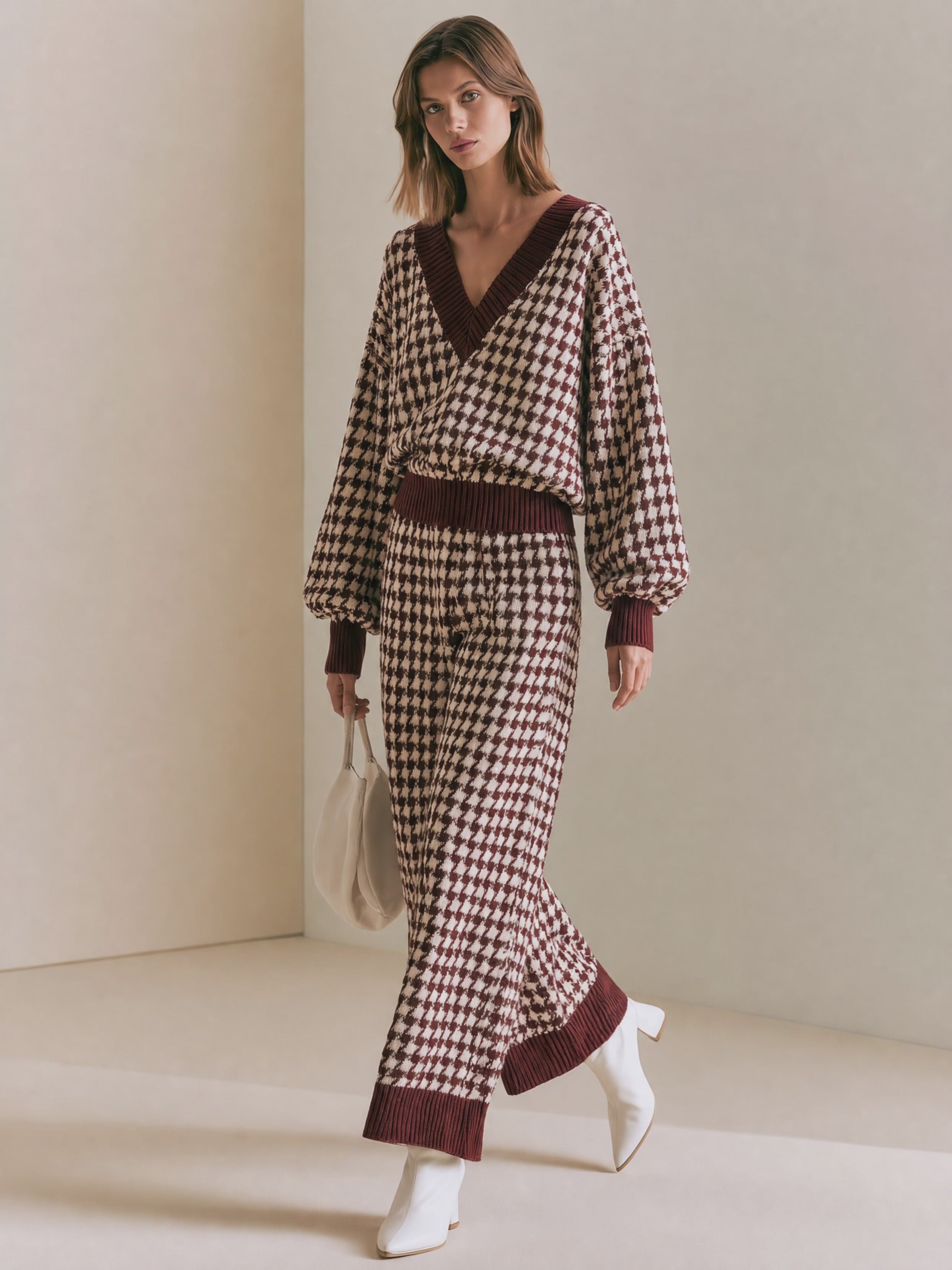 Women's Houndstooth Ribbed Trim Burgundy Set
