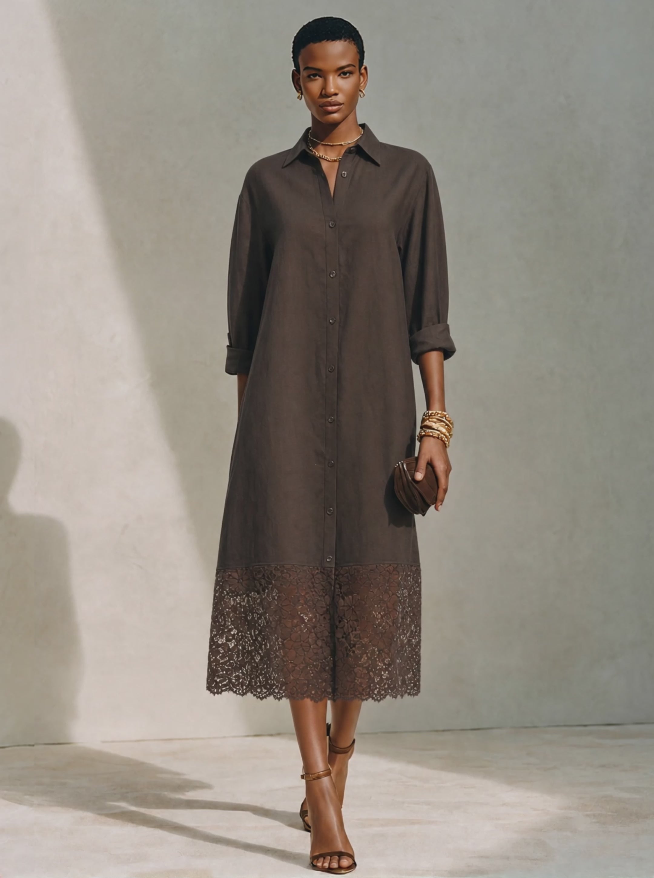 Women's Minimalist Solid Brown Linen & Lace-Panel Midi Shirt Dress MDZ0684G8ZRK
