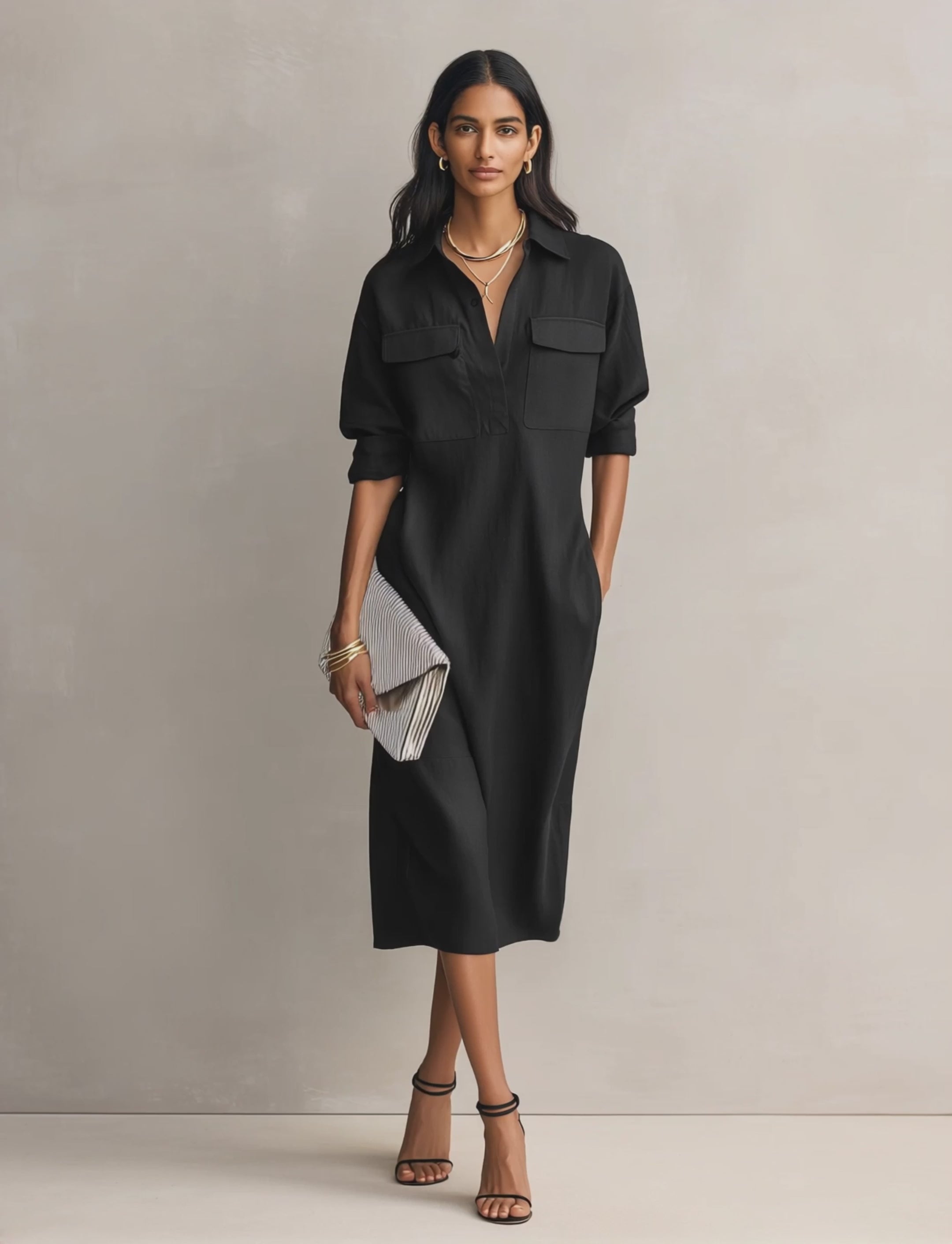 Women's Elegant Black Cotton-linen Blend Shirt Collar Short-sleeved Midi Dress MDZ0455C2AN