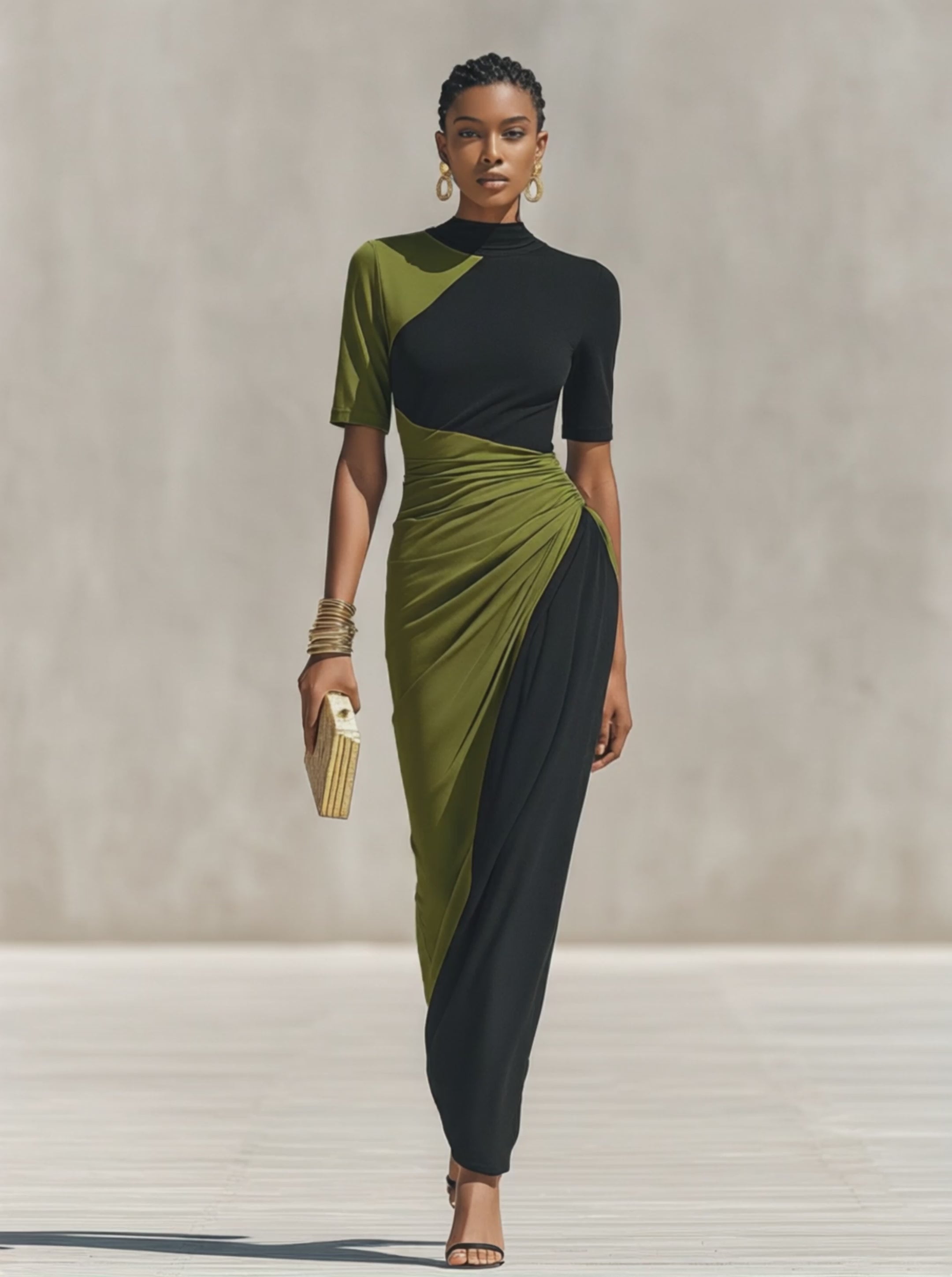 green and black jersey dress Women's Black & Olive Green Color-Block Jersey Maxi Dress With High Ne –  Modesees