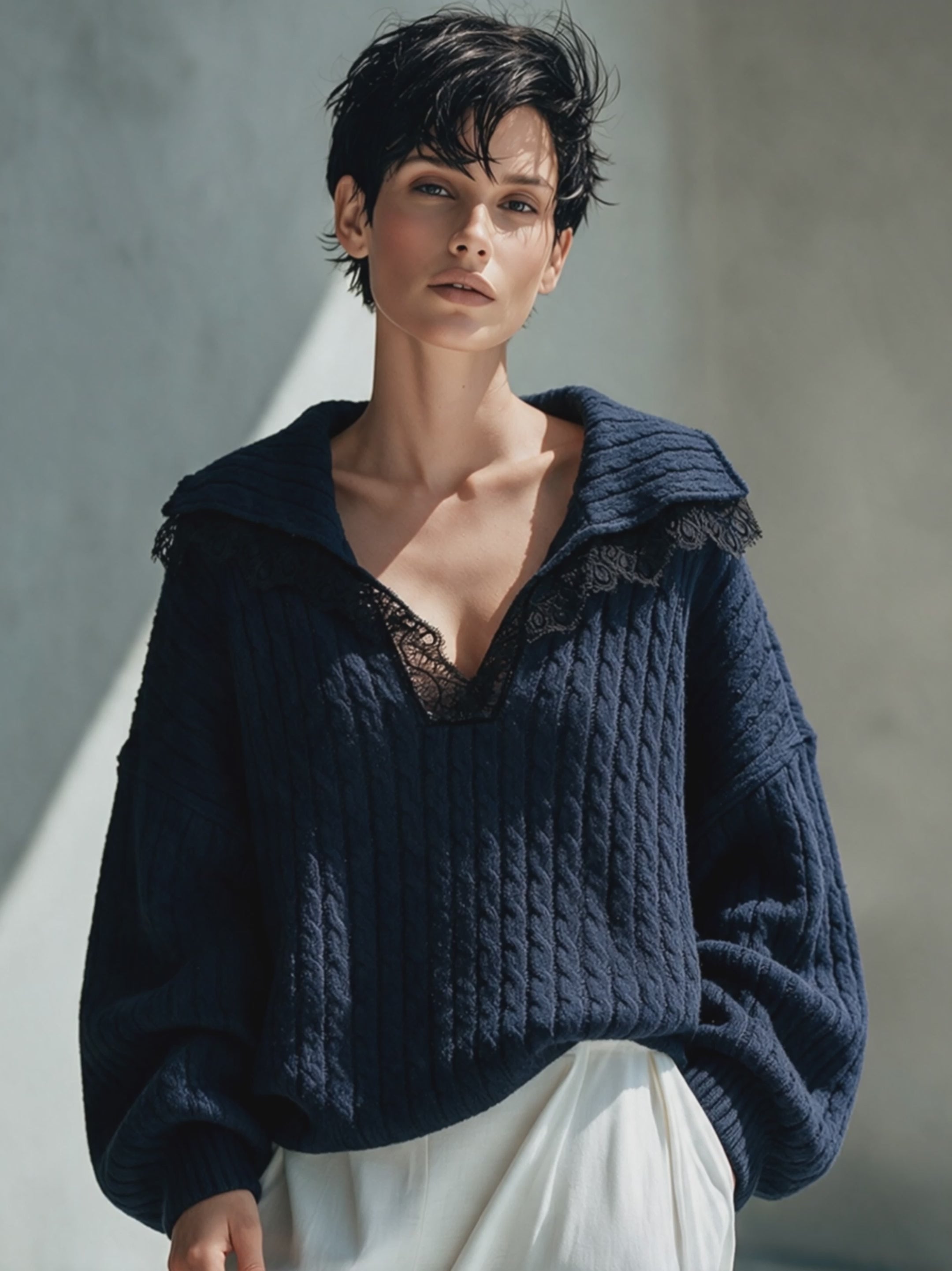 Women's Cable-Knit Top With Oversized Collar And Lace Inset