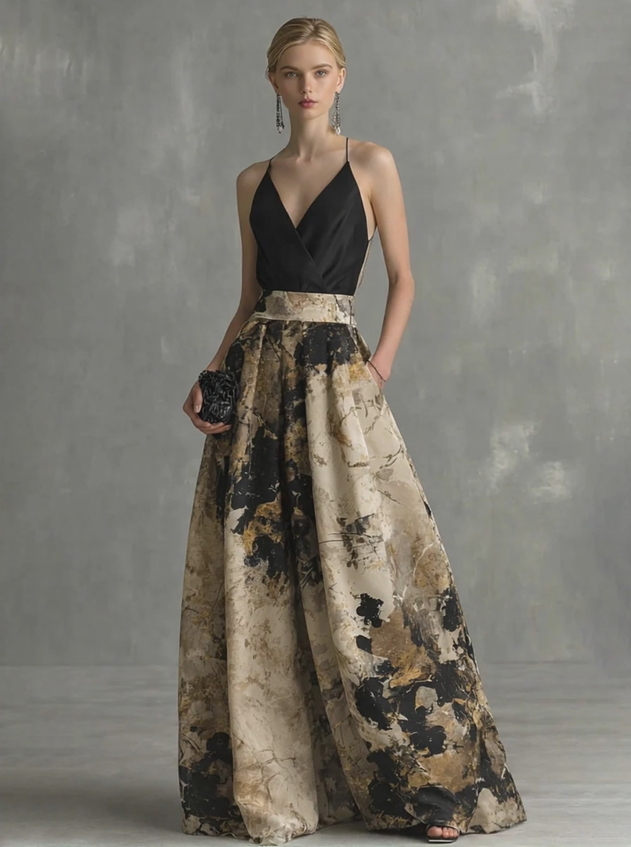 Women's Elegant Black And Beige Abstract Print V-Neck Spaghetti Strap Maxi Dress MDZ1483B2BA