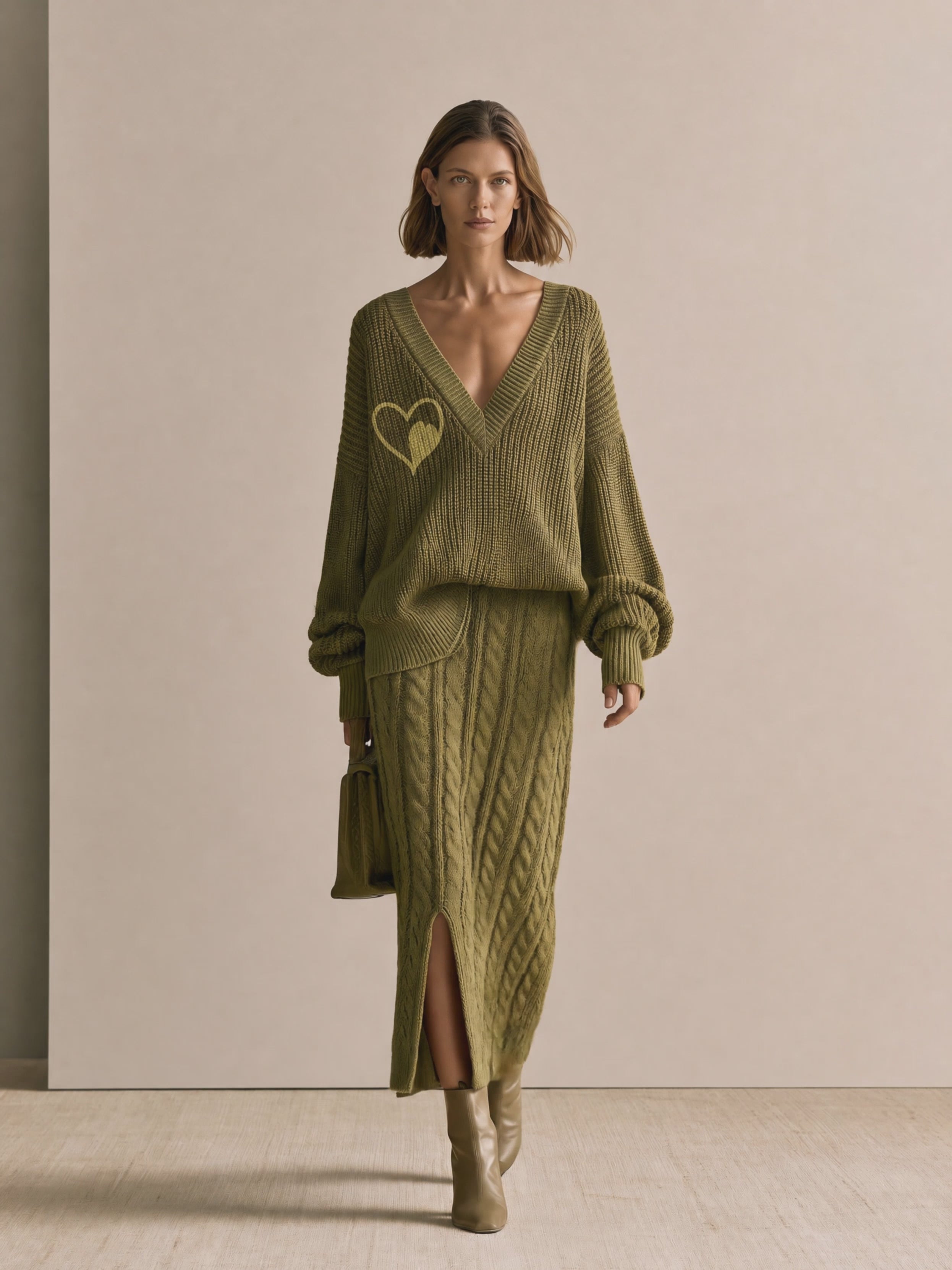 Women's Oversized V-Neck Heart Embroidery Sweater & Cable Knit Midi Skirt Set