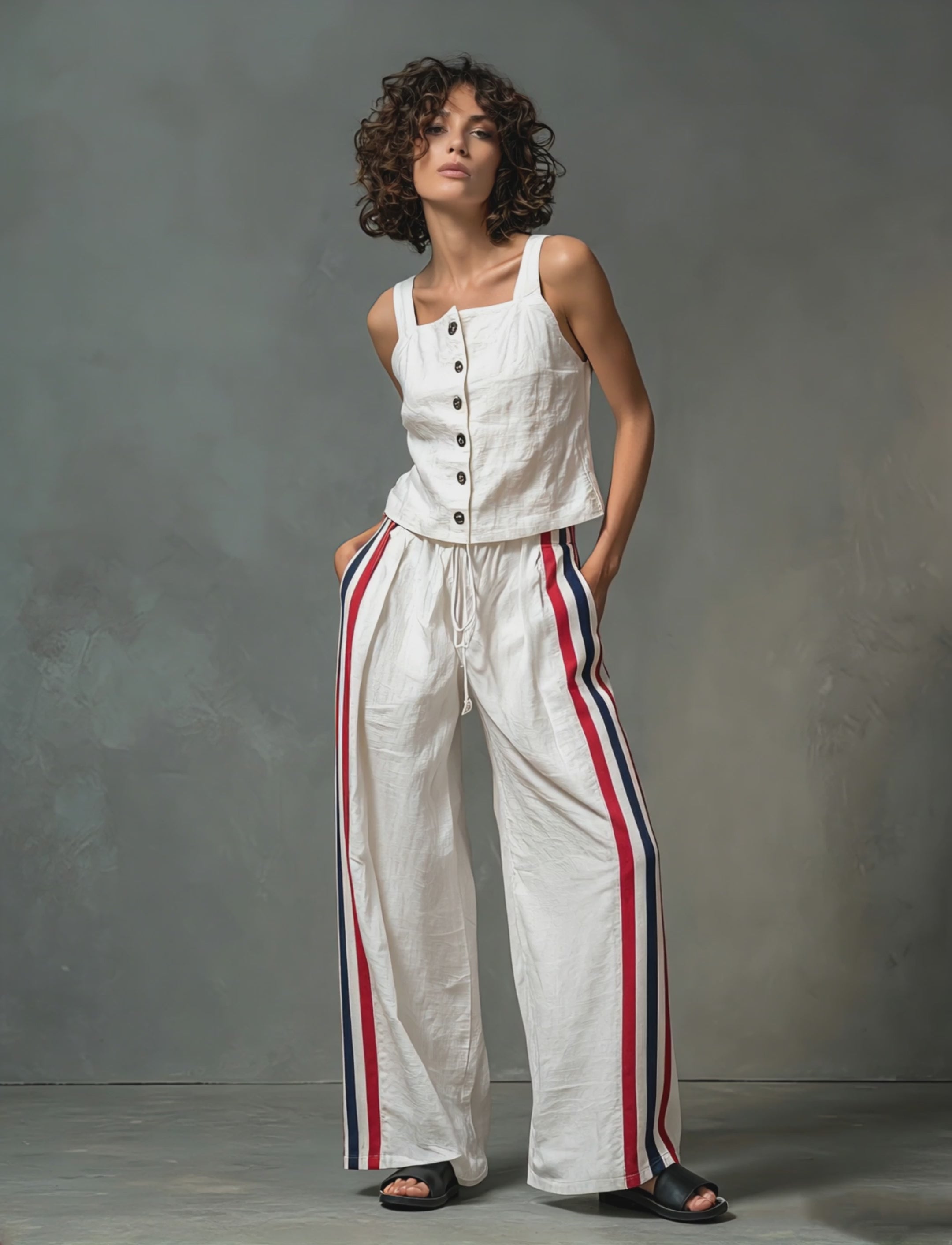 Women's Minimalist Linen-Blend Set: Single-Breasted Tank Top & Wide-Leg Pants MDZ0178F0Y