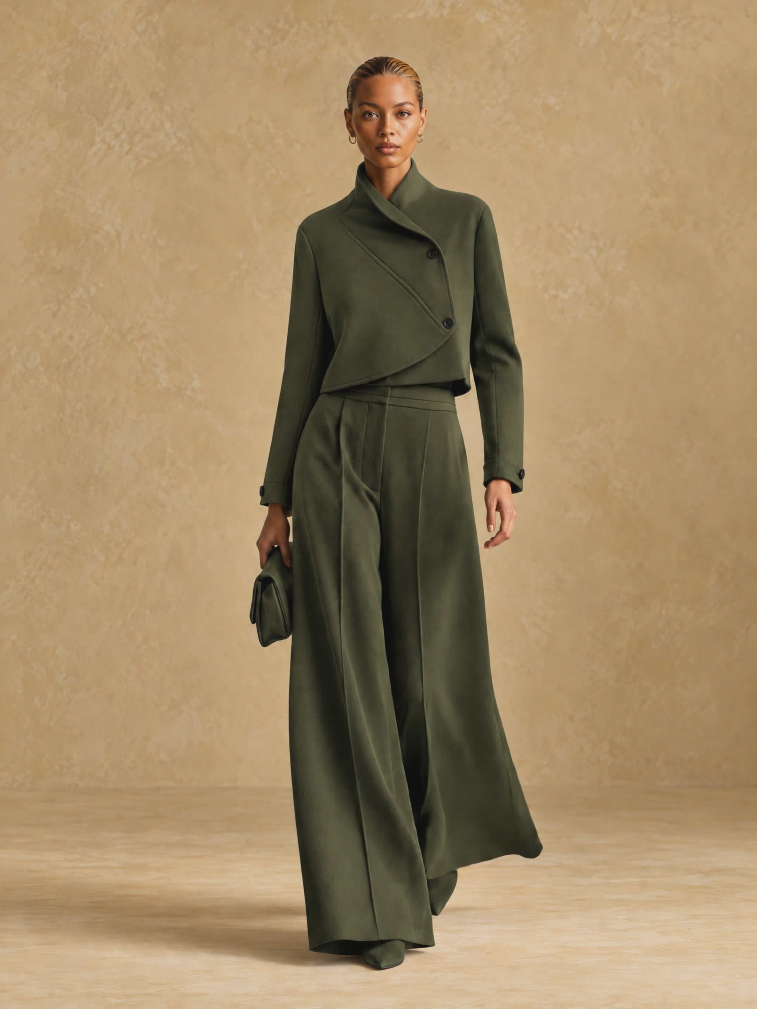 Women's Asymmetric Cropped Jacket and Wide-Leg Trousers Set