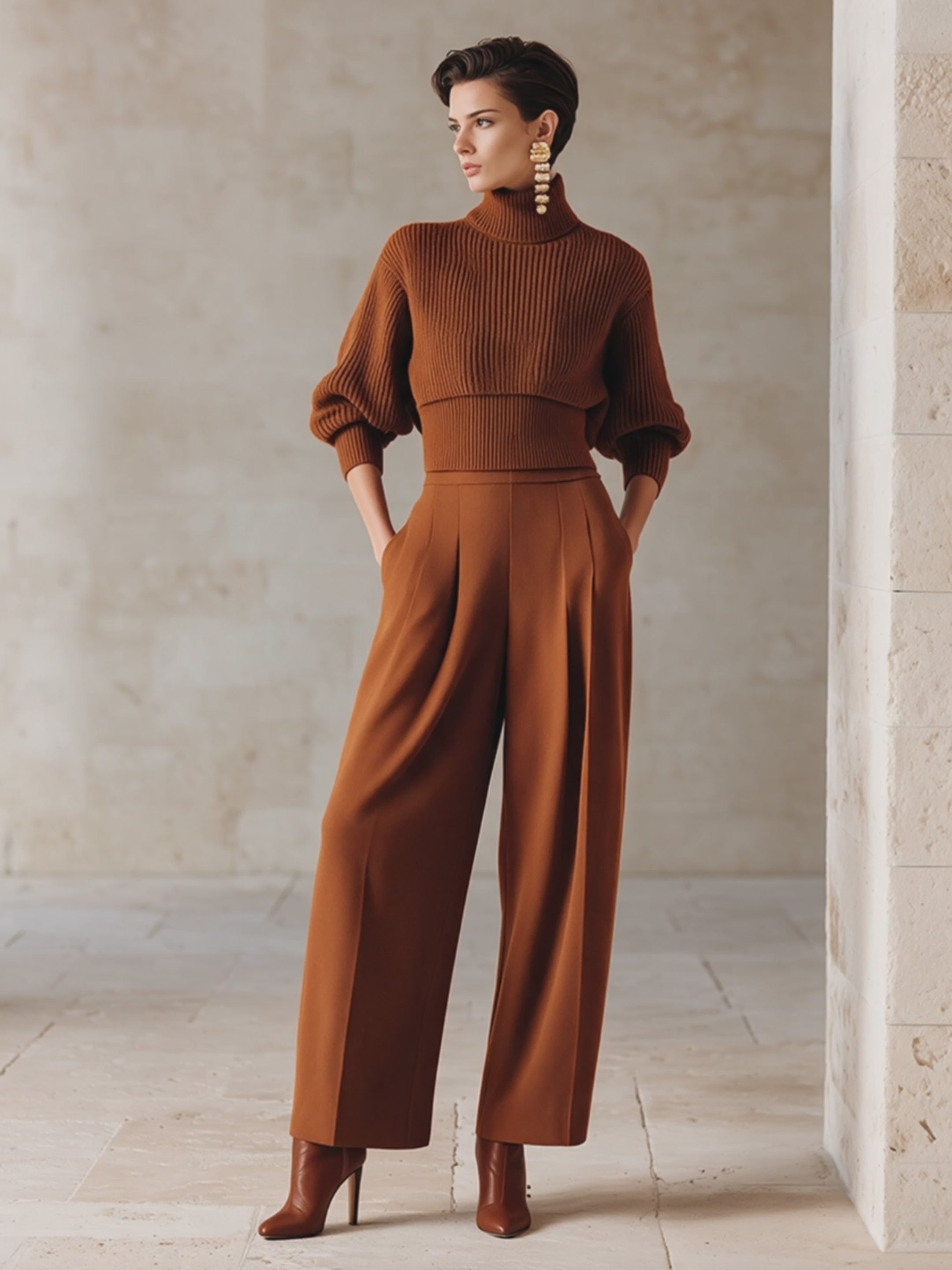 Women's Caramel High-Neck Knit Top & Wide-Leg Trouser Set