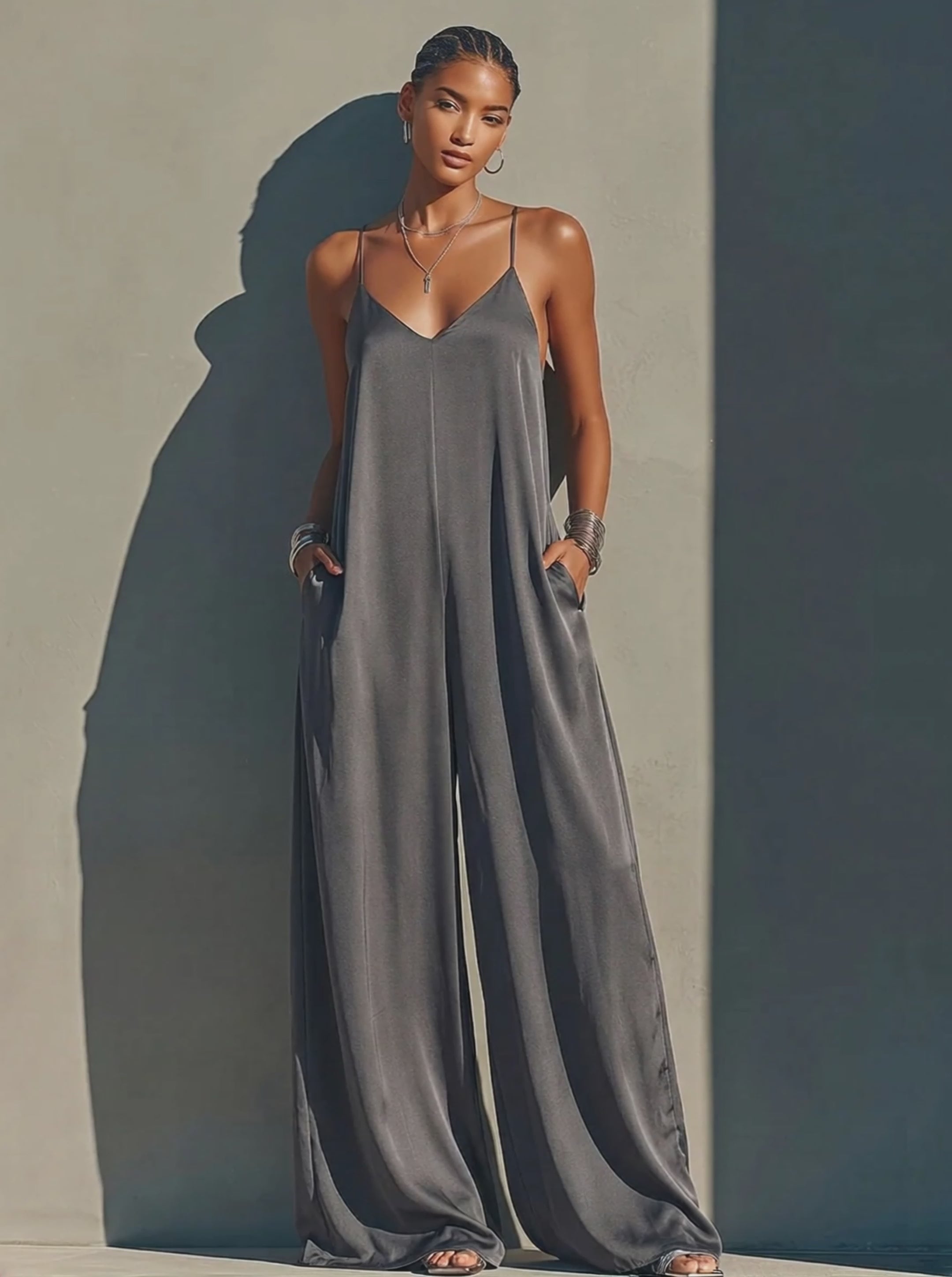 Women's Dark Gray Sleeveless Satin Jumpsuit With Deep V-Neck & Side Pockets, Modern Effortless-Chic Everyday Outfit MDZ1334E4LYL
