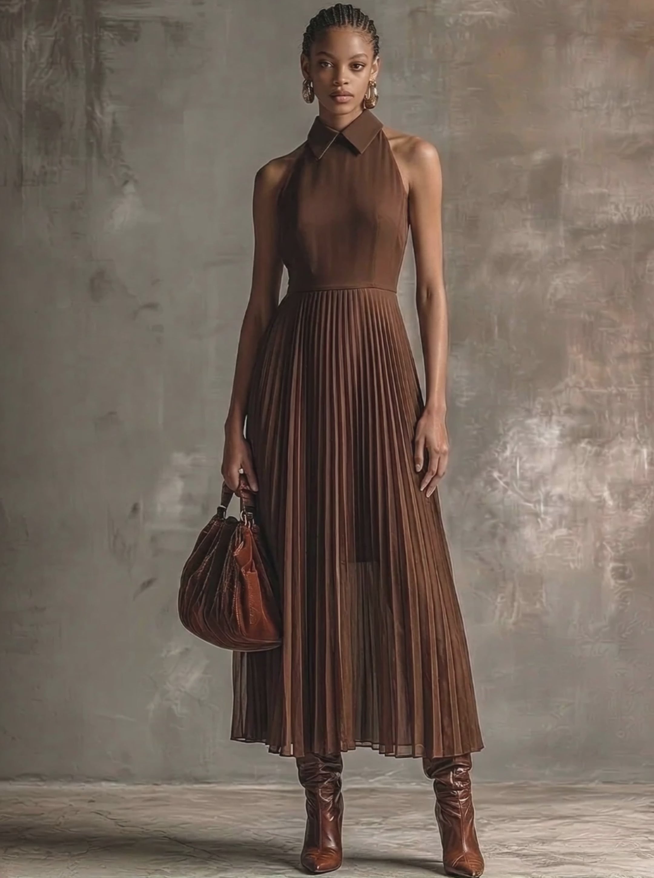 Women's Elegant Deep Brown Chiffon Collared Halter Waist-Tailored Pleated Maxi Dress MDZ1876E3GMJ