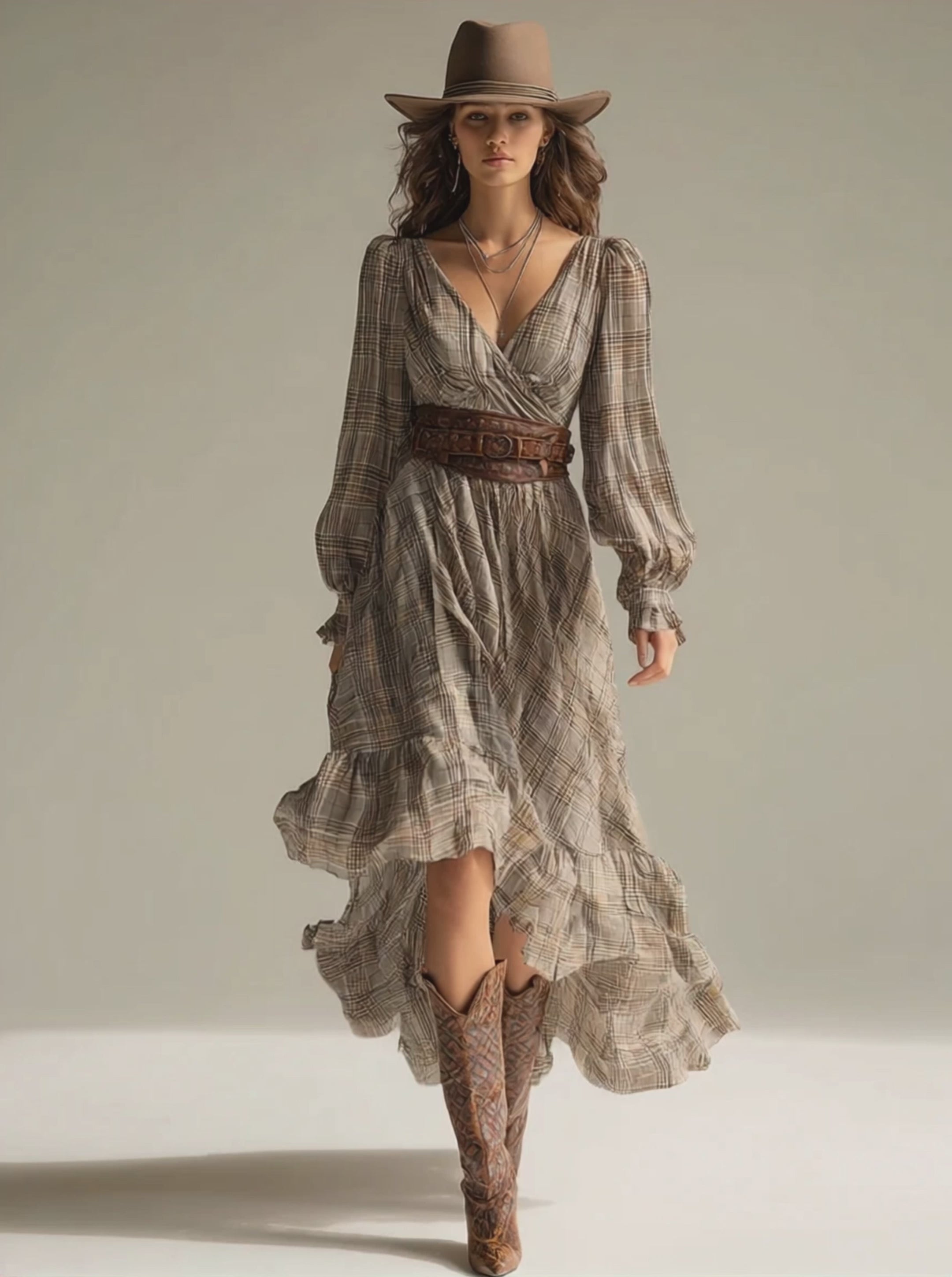 Women's Beige - Plaid Bohemian Chiffon Ruffled Midi Dress (without Belt) MDA0679H1I