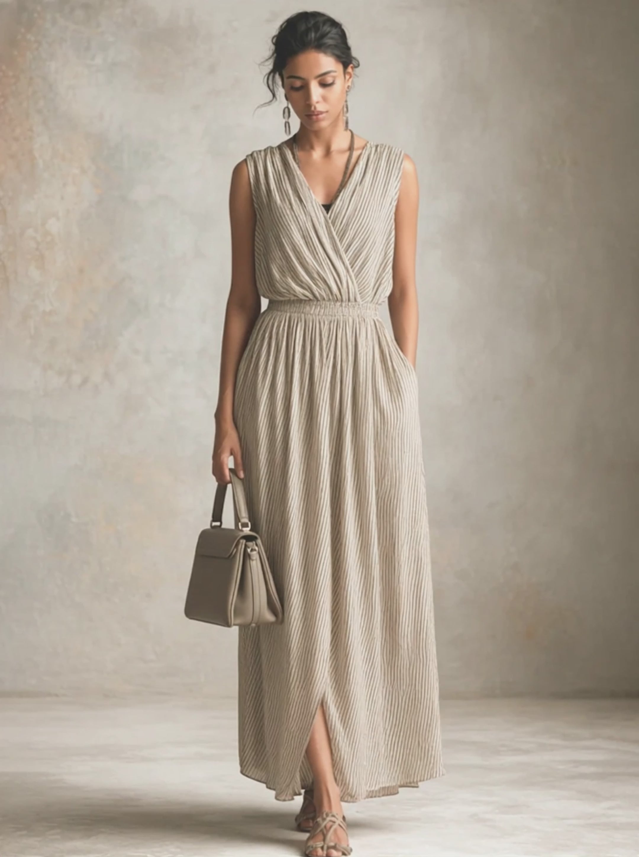 Women's Casual Khaki And White Striped Cotton Linen Sleeveless V-neck Slit Long Dress MDZ1141D5GMJ