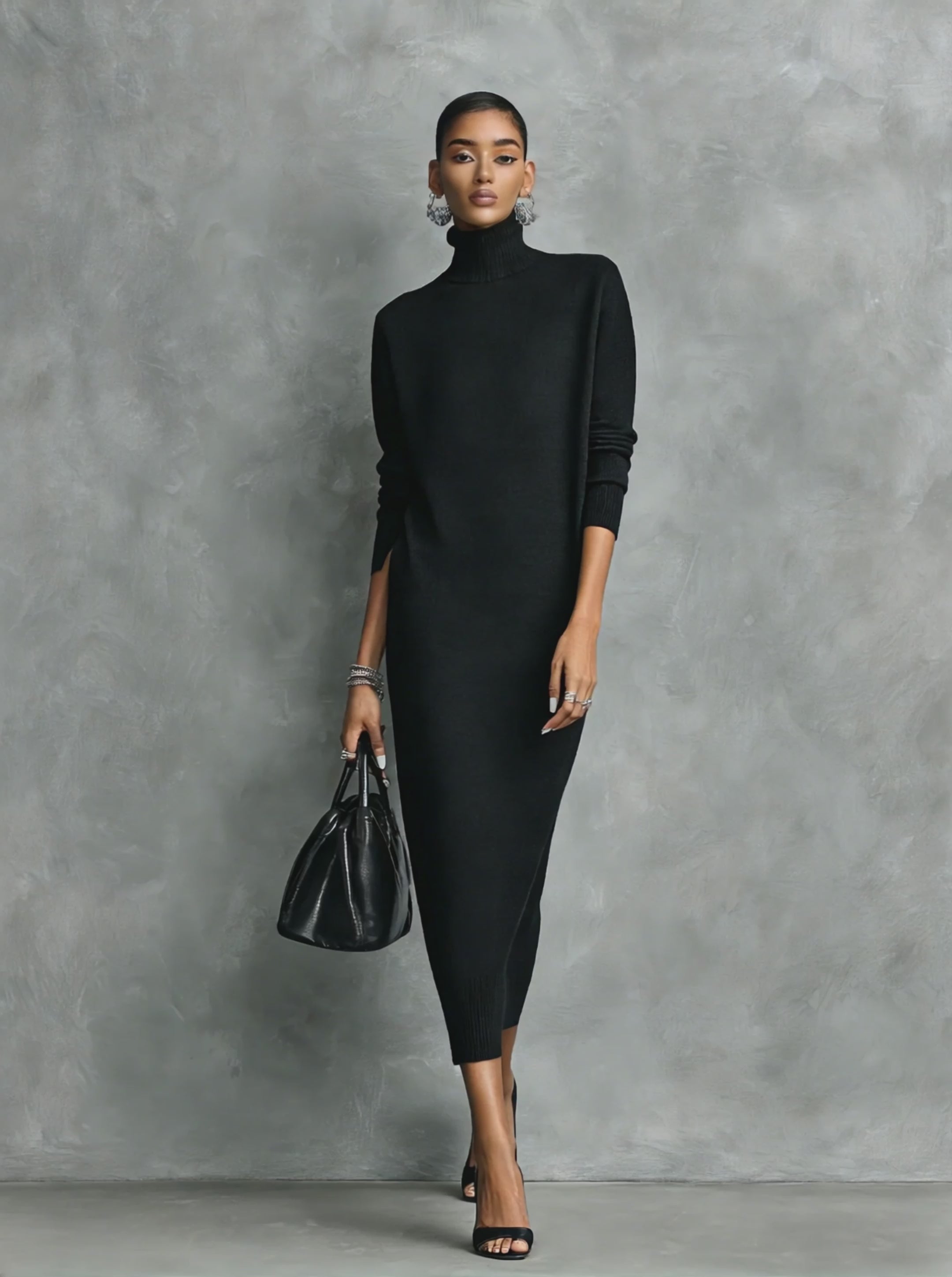 Women's Elegant Black Knitted Turtleneck Long-sleeved Loose-fitting  Midi Dress With No Pockets MDA1974L7AN