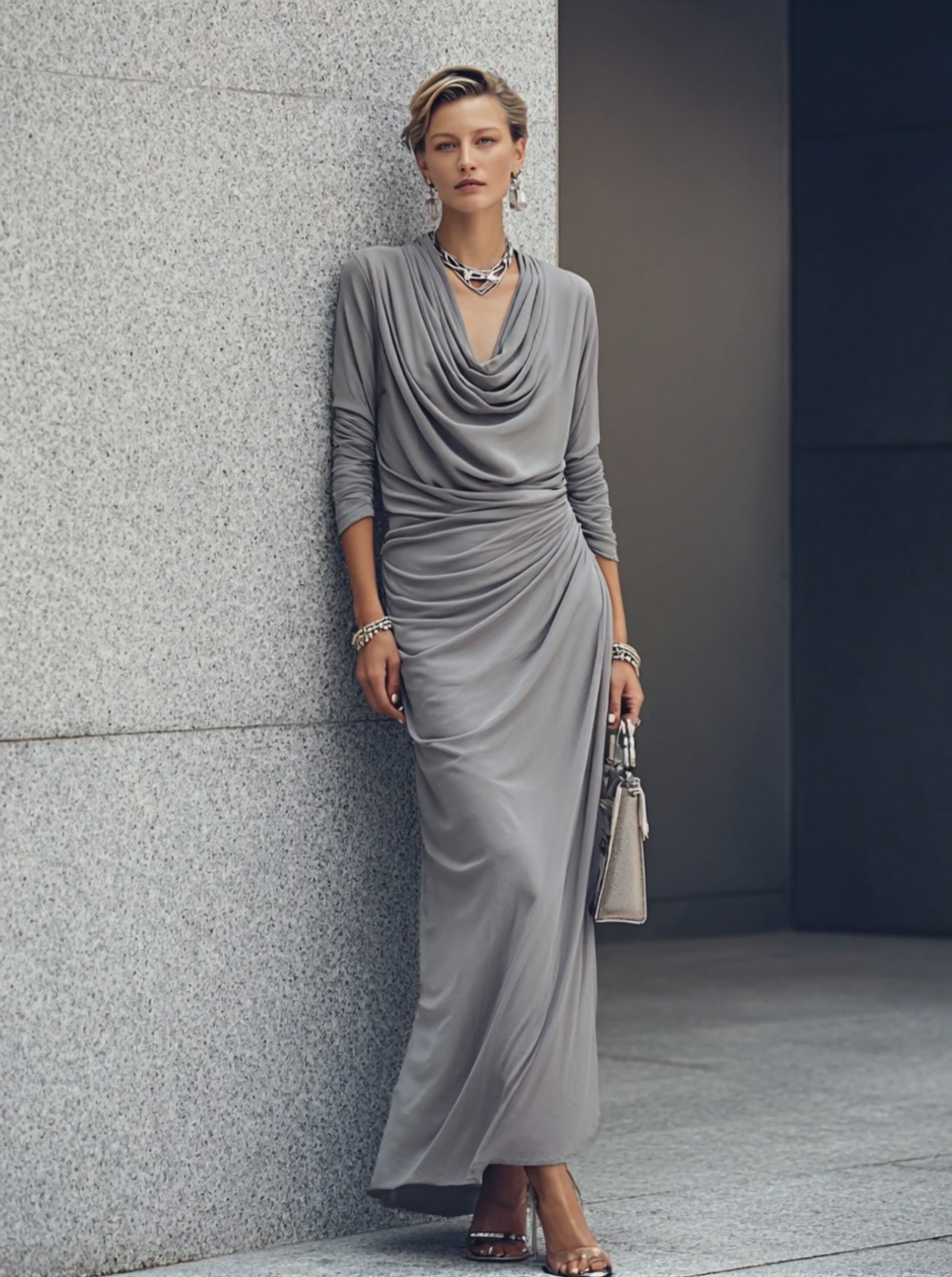 Women's Luxury Workwear Style Mist Grey Cotton Blend Cowl Neck Long Sleeve Side Ruched Maxi Dress MDZ0627G1GMJ
