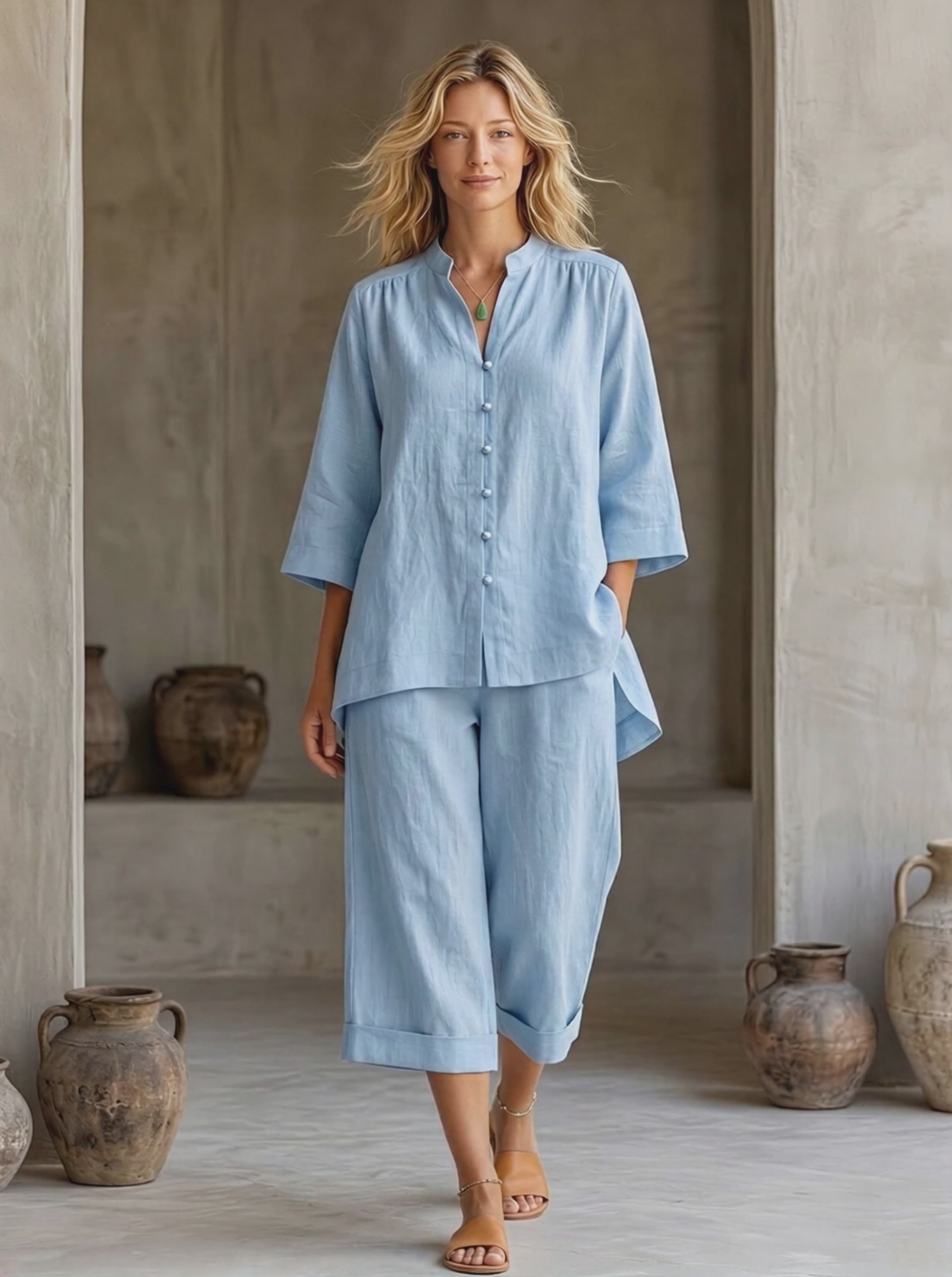 Women's Pale Blue Linen Co-Ord With Three-Quarter Sleeve Blouse & High Waist Wide Leg Culottes, Modern Effortless-Chic Vacation Outfit MDZ0267F6LYL