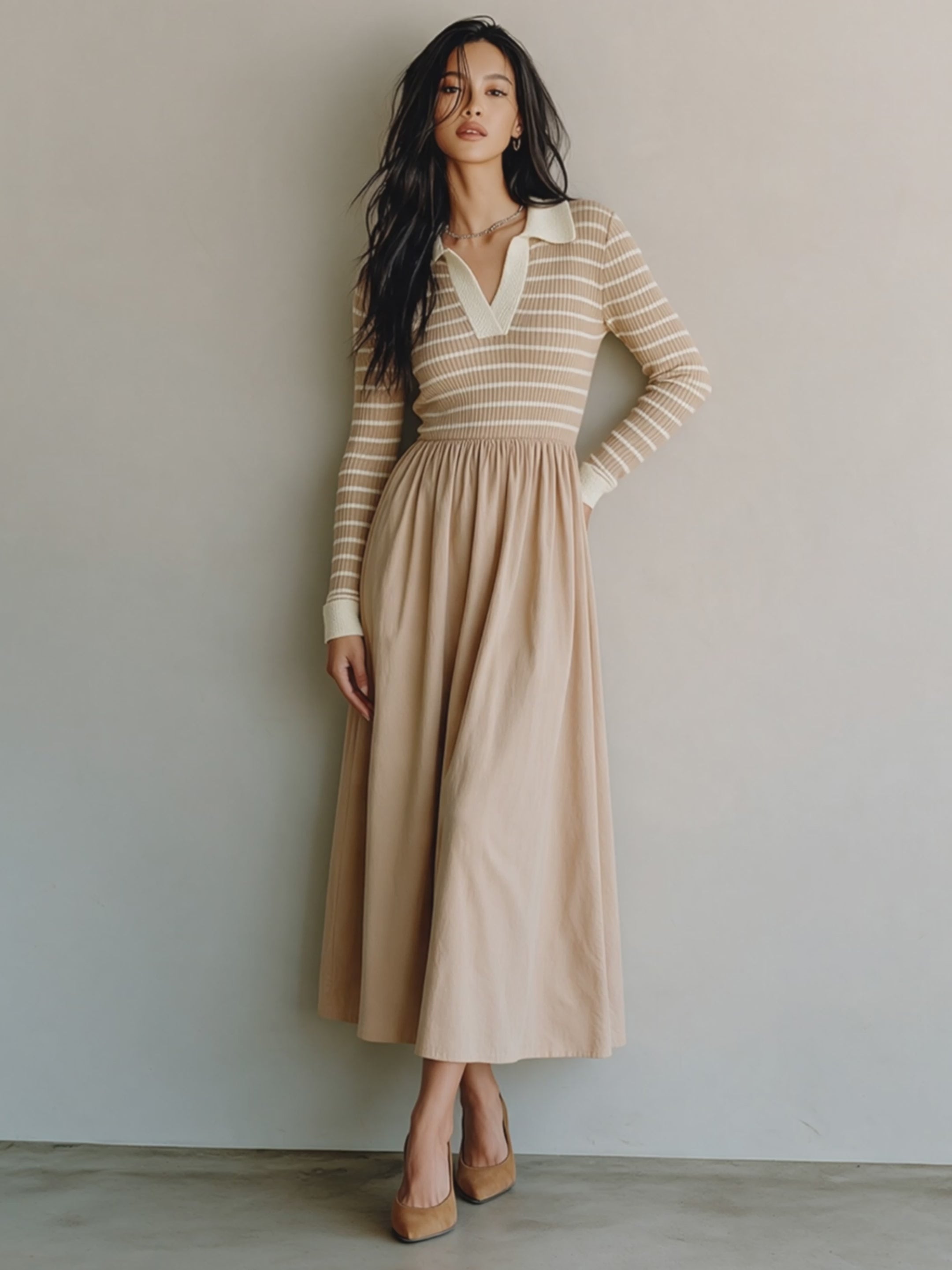 Women's Casual Knit-and-Woven Panel Polo-Collar Midi Dress