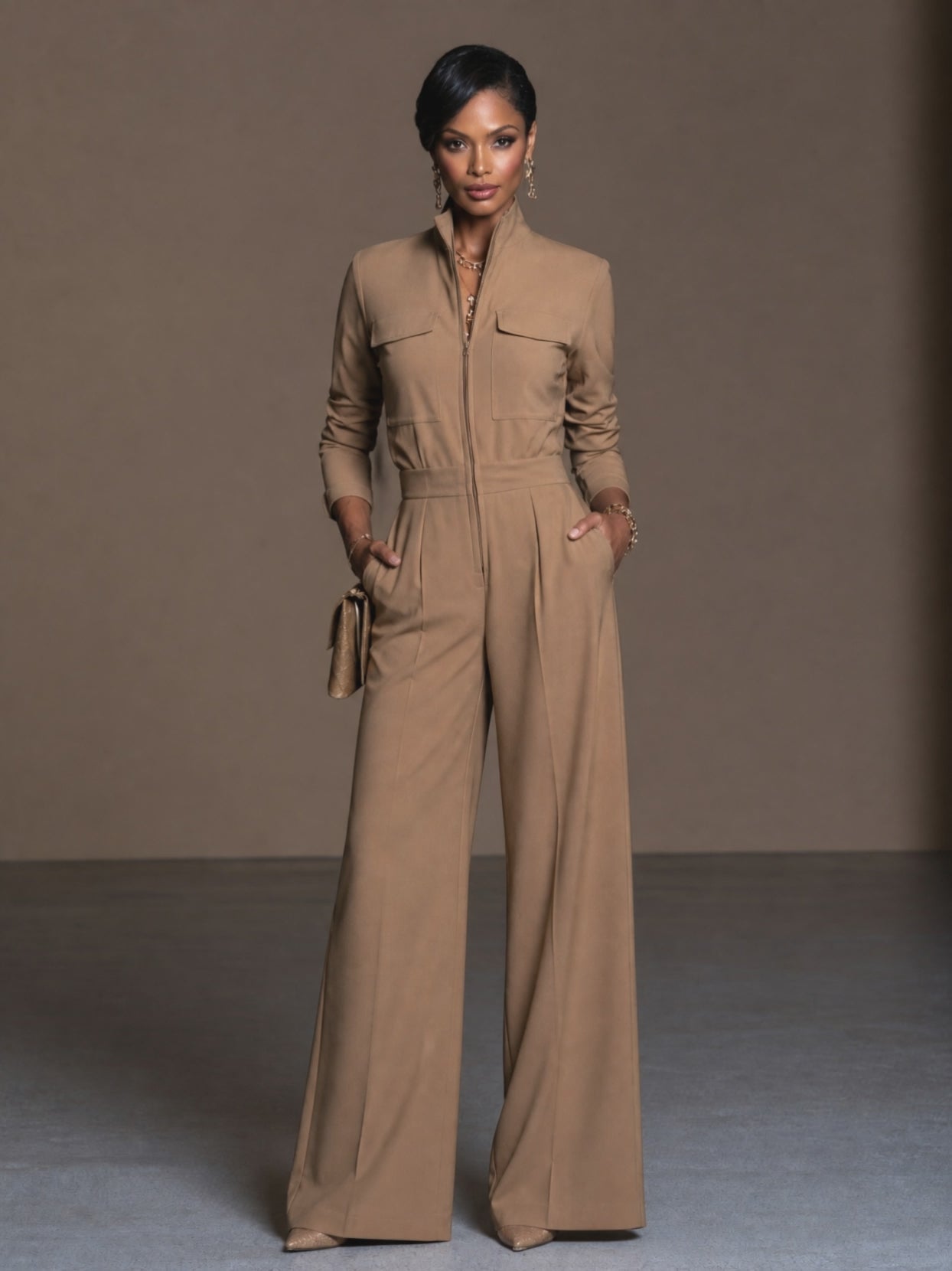 Women's Zipper Stand Collar Casual Long Sleeve Wide Leg Jumpsuit MDZ2540H3GMJ