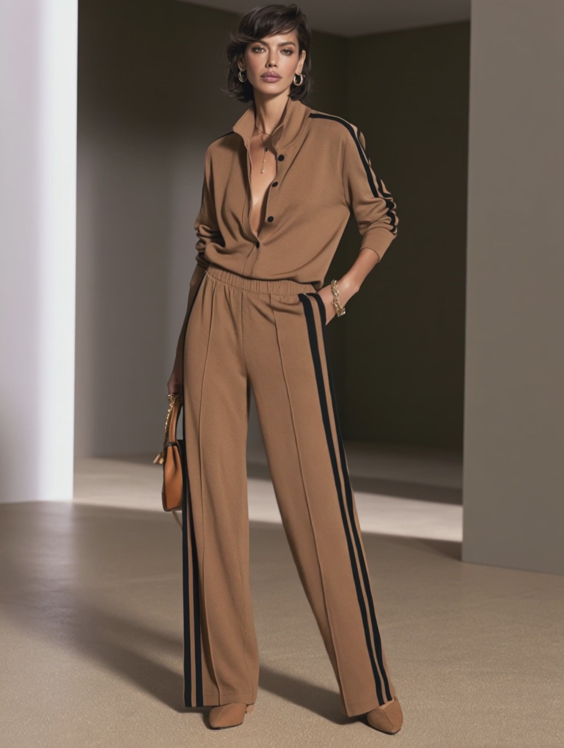 Women's Contrast Stripe Casual Stand Collar Wide-Leg Pants Set MDZ0103I7GMJ