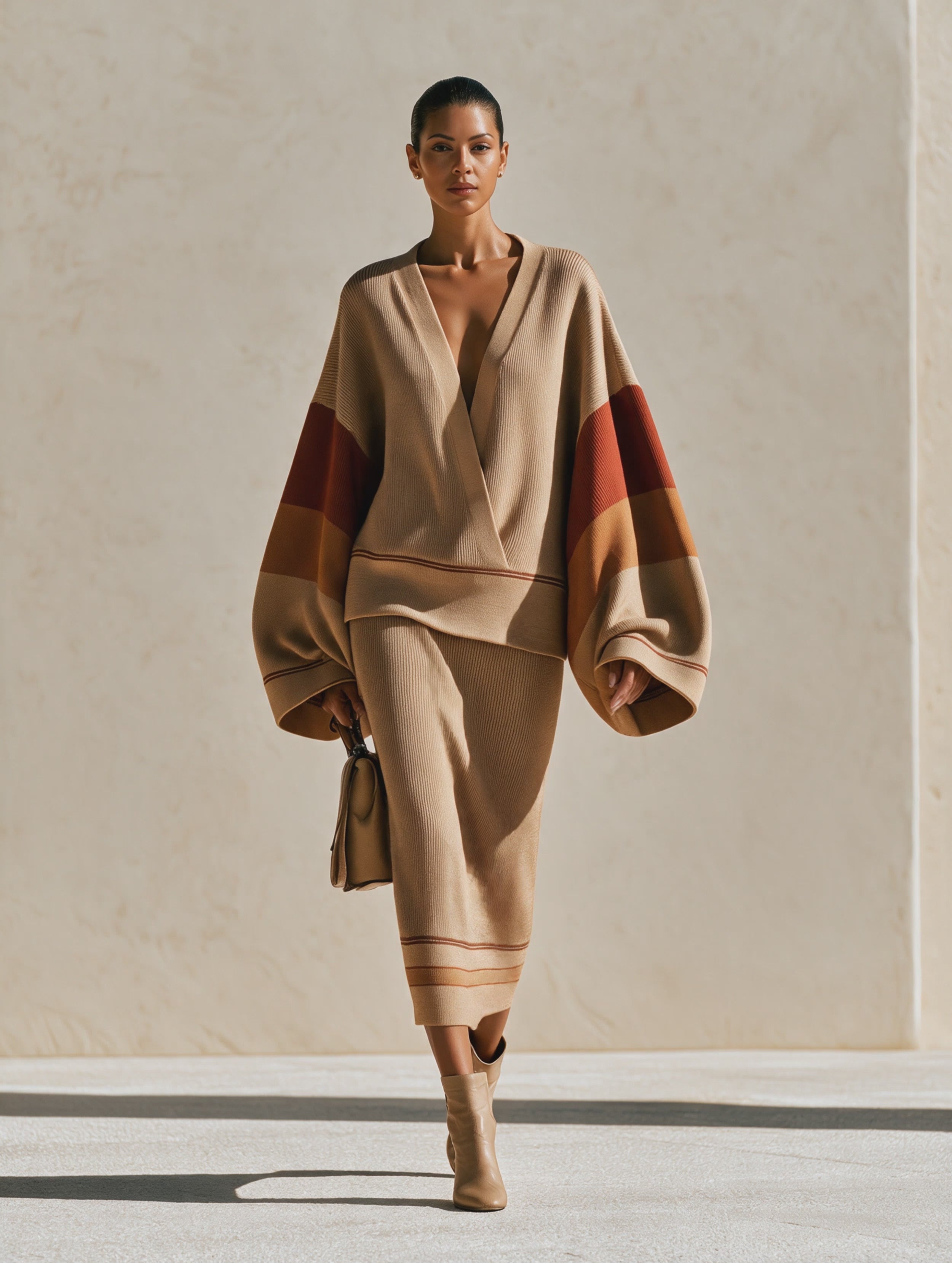 Women's Camel Color-Block Knit Sweater & Midi Skirt Set