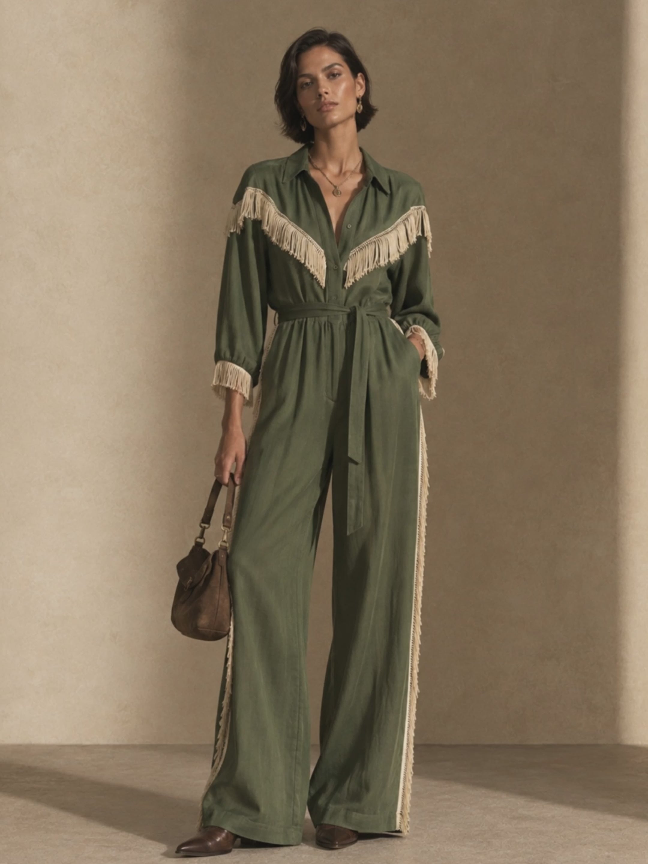 Women's Contrast Fringe Western Collared Wide-Leg Jumpsuit